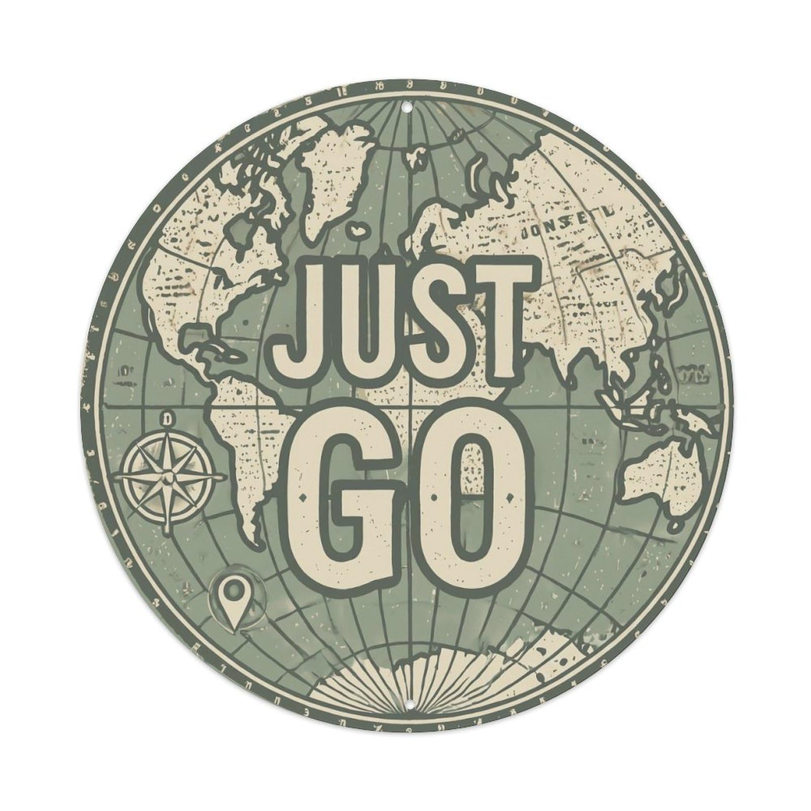 Vintage World Map with Compass Just Go Continents Metal Tin Sign