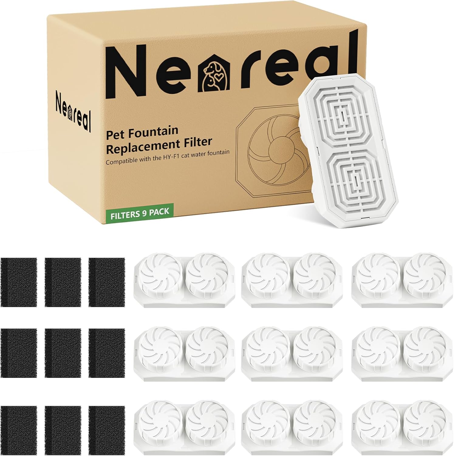 Neareal Official 9 Pack Replacement Filters & Pre-Filter Sponges for 74oz/2.2L Stainless Steel Cat Water Fountain