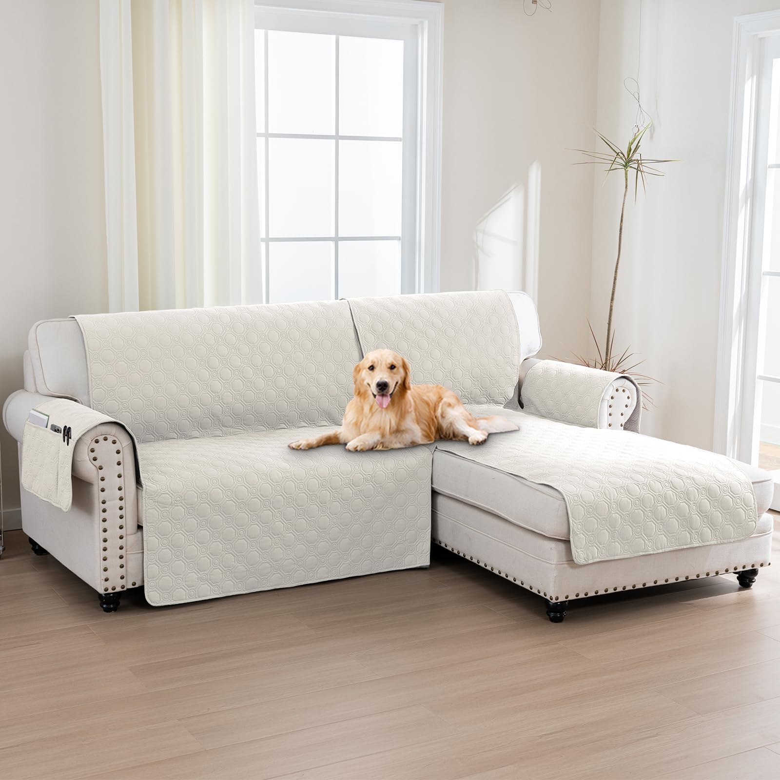 BellaHills 100% Impermeabile Copridivano 2 Posti Con Penisola a Destra - Copridivano Angolare - Antiscivolo - Antimacchia - Antigraffio Copridivano, Seduta 205cm, Beige