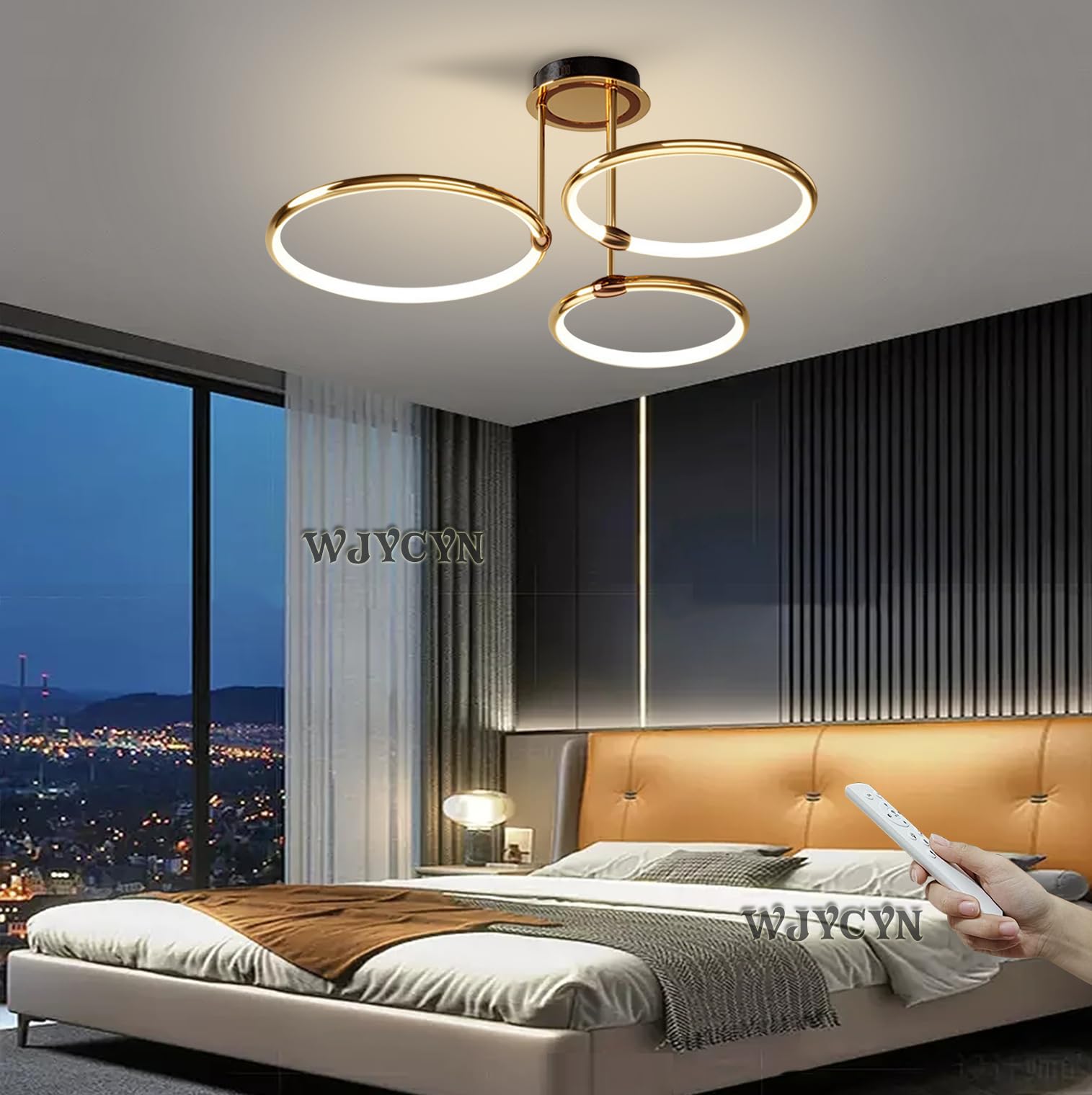 Lampa sufitowa LED Złoty pierścień Nowoczesny ściemnialny z pilotem Metalowy akrylowy okrągły żyrandol Salon Kuchnia Sypialnia Biuro Jadalnia Lampa Dekoracja Oświetlenie (3 pierścienie,Ø55cm,60W)