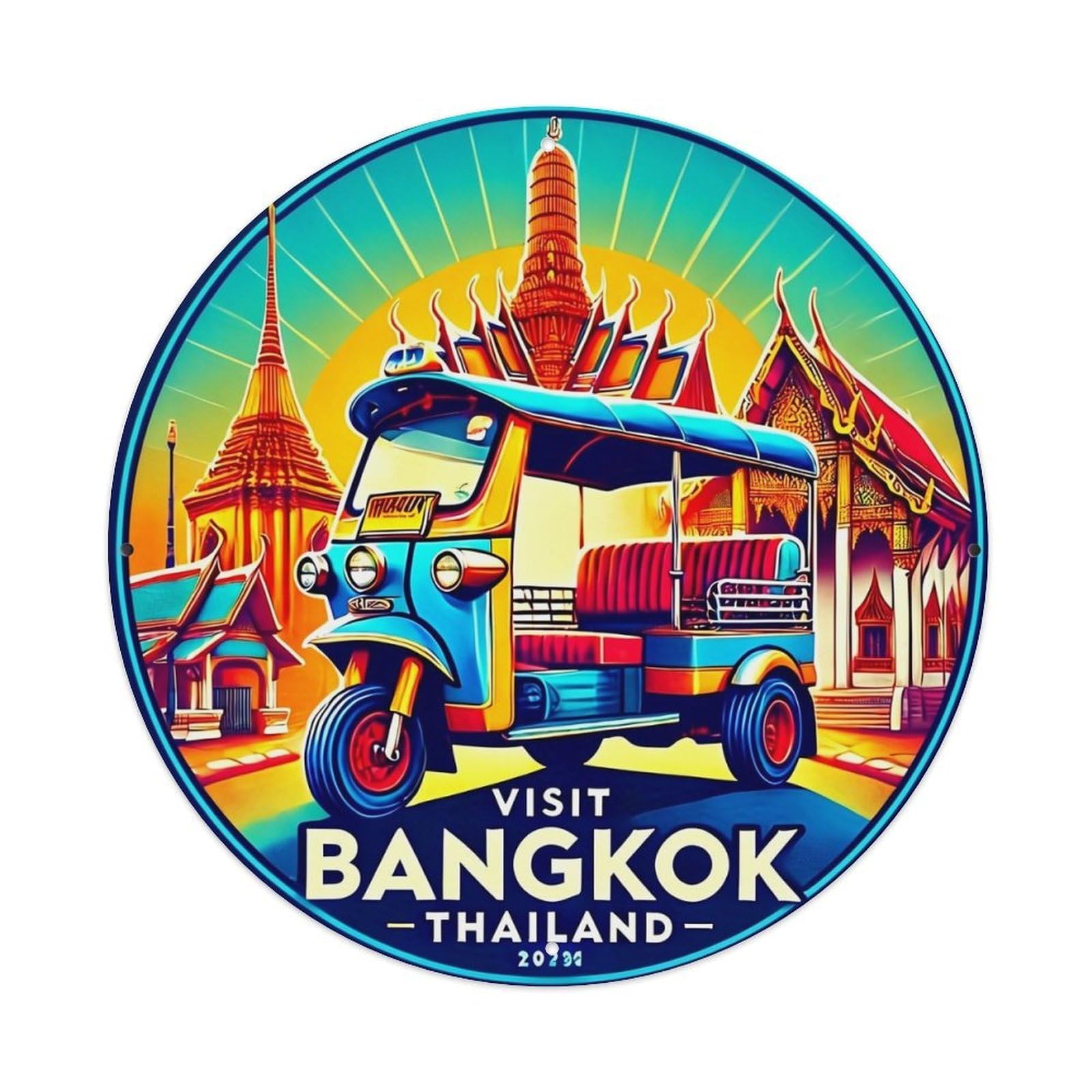 Jdyaojiesheng Vintage Colorful Tuk Tuk Temple Scene Bangkok Round Tin Sign Retro Metal Wall Decor Metal Poster, Home Bar Garage Farmhouse Cafe Wall Art Decoration 8X8inch