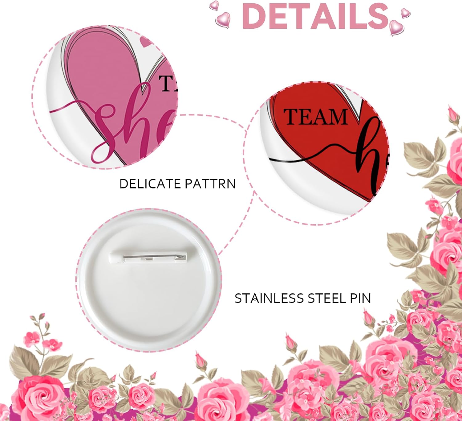 10 Pcs Sweetheart Gender Reveal Button Pins, Team He and Team She Badge Pins, Conversation Heart Boy or Girl Stain Brooch Button for Baby Shower