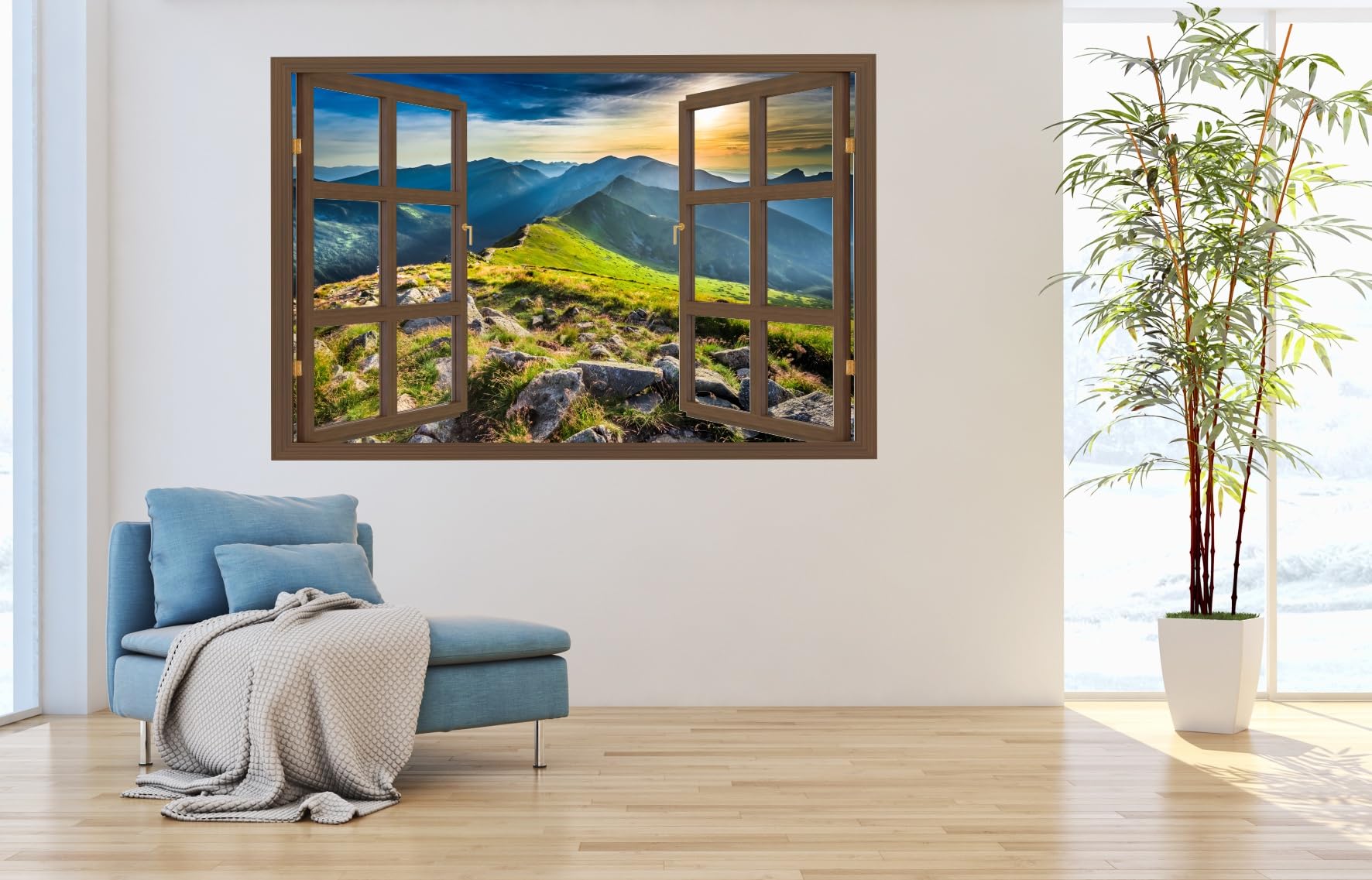 Wandtattoo - Wanddeko - Selbstklebende Folie - Fototapete - Wandsticker - Fototapete 3d Effekt - Selbstklebende Tapete - Fenster & Berg Motiv - Berge, Sonnenuntergang - 150x100cm