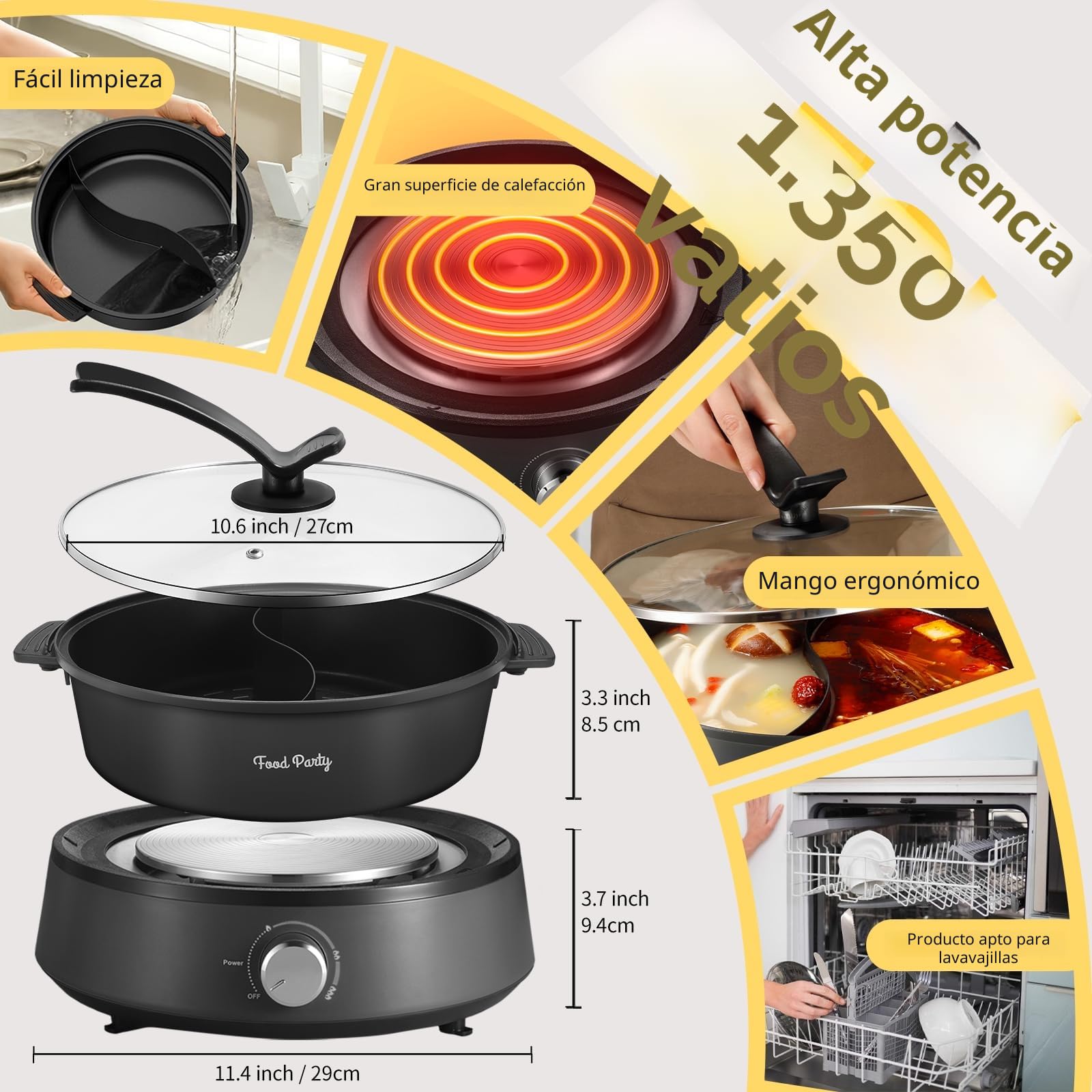 Food Party Olla Hot Pot Eléctrico 4L Hotpot Separable Actualizado 220V 1350W Fondue Shabu Shabu Hotpot