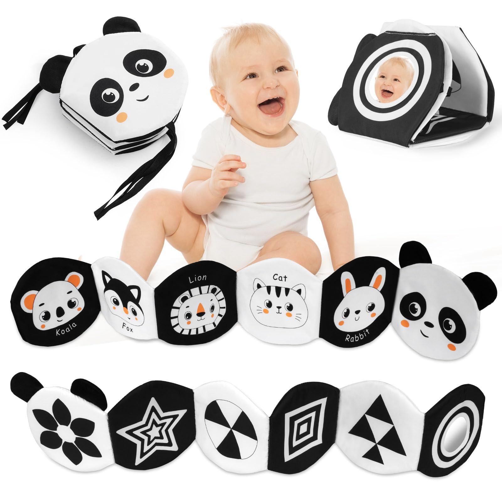 HOTUT Livre Tissu Bébé Eveil, Livre Doux Froissé, 3D Livre Noir et Blanc Bébé Montessori, livre sensoriel en tissu pour Bébé 6-12 Mois, Cadeau de Naissance pour Tout-Petit Garçon Fille, Double Face