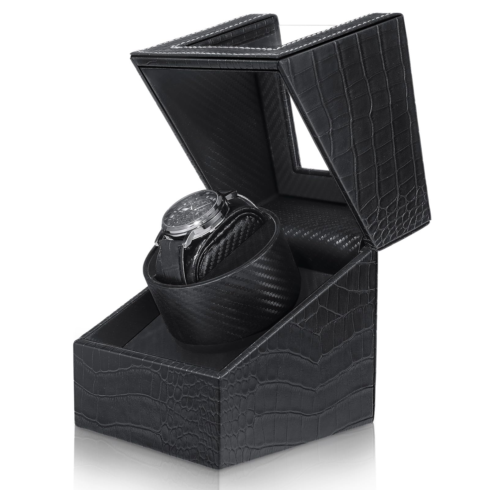 JQUEENSingle Watch Winder, Black Watch Winder Crocodile Pattern Leather with Quiet Japanese Motor