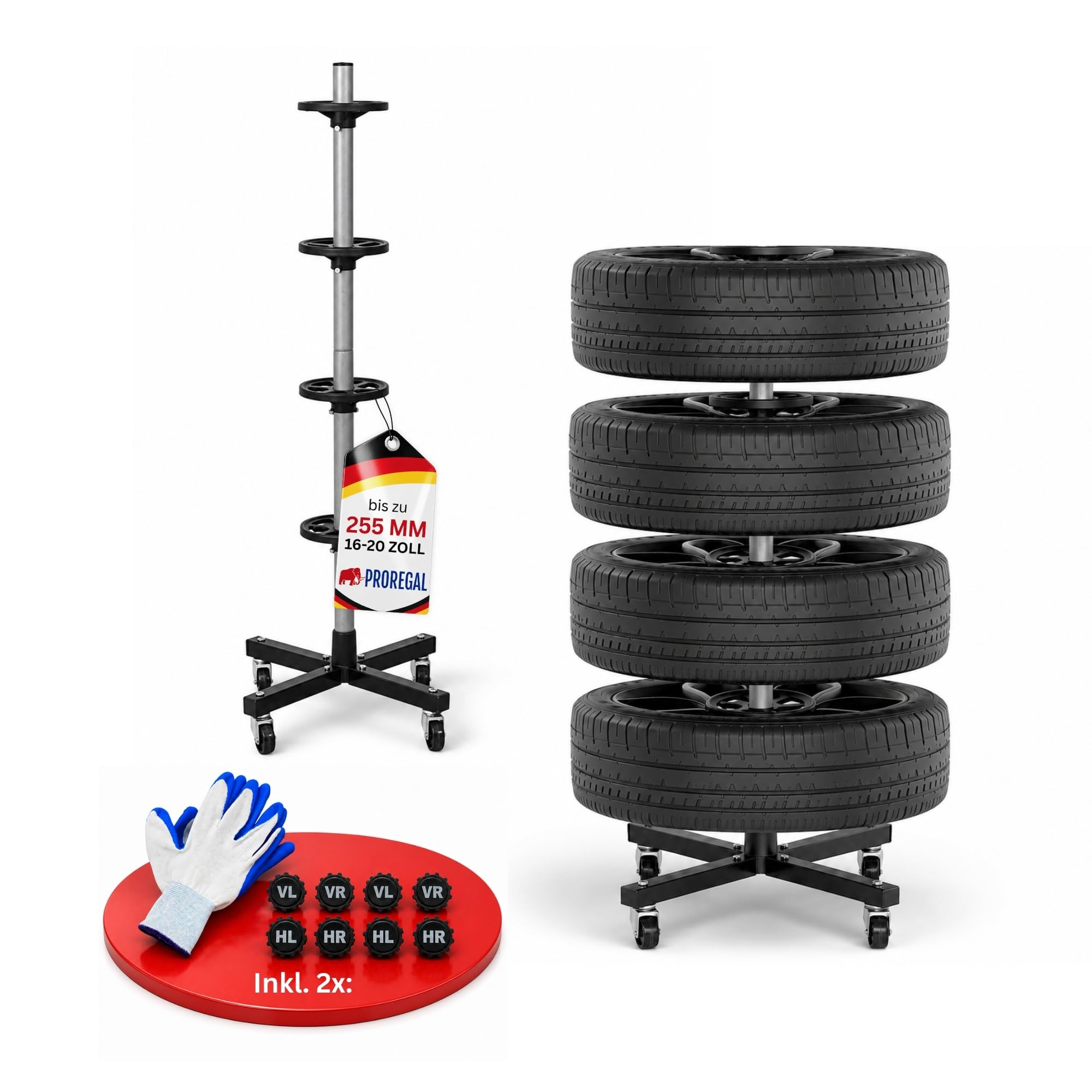 PROREGAL Arbre de Rangement pour Jantes Mobile CARRERO | HxLxP 115,5x46x46cm | jusqu'à 4 pneus | Noir