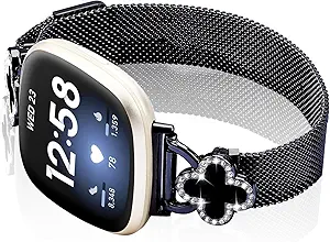 Band Compatible with Fitbit Sense/Sense 2 Versa 3/Versa 4 for Women Stainless Steel Magnetic Strap Adjustable Four Leaf Clover Watch Bands.