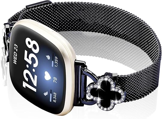 Band Compatible with Fitbit Sense/Sense 2 Versa 3/Versa 4 for Women Stainless Steel Magnetic Strap Adjustable Four Leaf Clover Watch Bands.