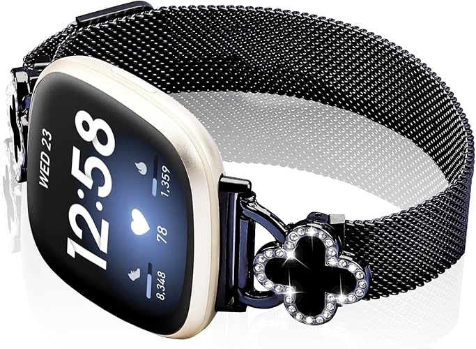 Band Compatible with Fitbit Sense/Sense 2 Versa 3/Versa 4 for Women Stainless Steel Magnetic Strap Adjustable Four Leaf Clover Watch Bands.