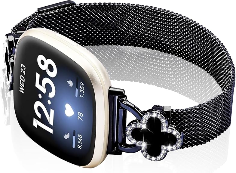 Band Compatible with Fitbit Sense/Sense 2 Versa 3/Versa 4 for Women Stainless Steel Magnetic Strap Adjustable Four Leaf Clover Watch Bands.
