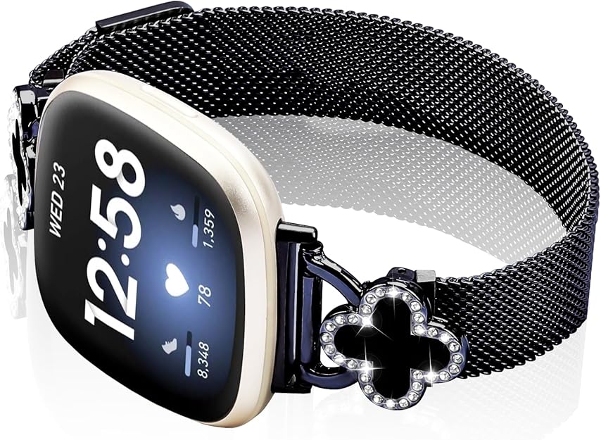 Band Compatible with Fitbit Sense/Sense 2 Versa 3/Versa 4 for Women Stainless Steel Magnetic Strap Adjustable Four Leaf Clover Watch Bands.
