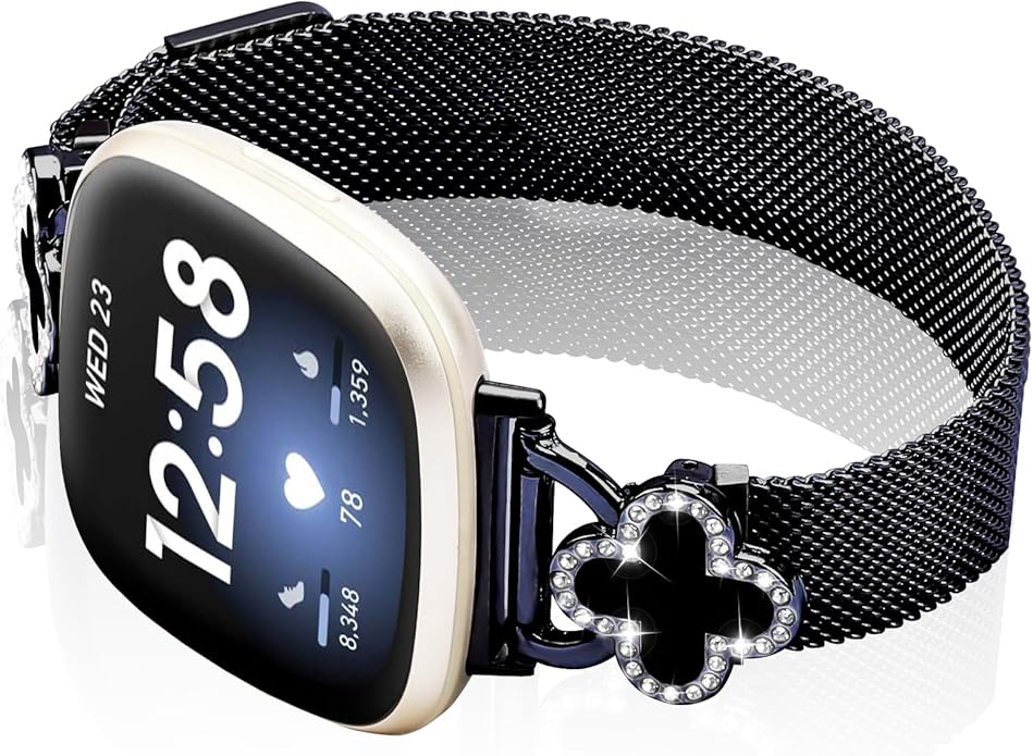 Band Compatible with Fitbit Sense/Sense 2 Versa 3/Versa 4 for Women Stainless Steel Magnetic Strap Adjustable Four Leaf Clover Watch Bands.