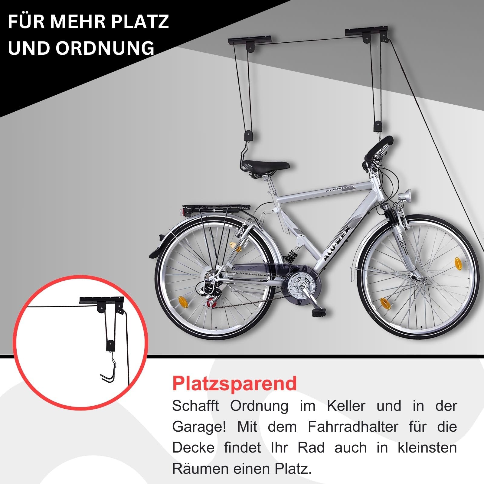 Fahrradlift Plus Support de plafond pour vélo électrique – Idéal pour les coffres de toit, kayaks – Ascenseur de vélo jusqu'à 57 kg – Efficace et sûr pour plus d'ordre dans le garage ou la cave
