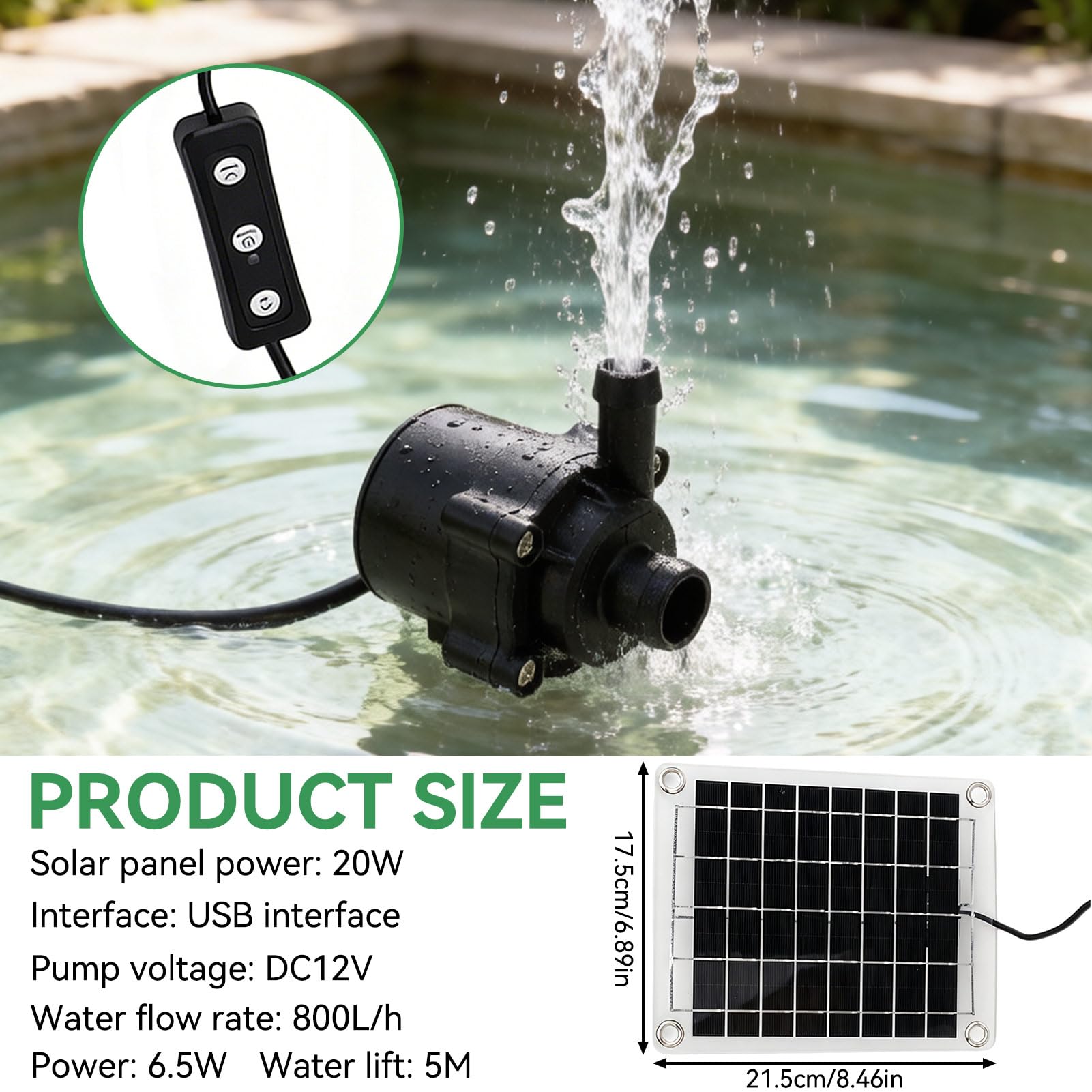 Bomba De Fuente Solar, 20W DC 12 V Panel Solar Bomba De Agua Kit De Fuente Sumergible Ajustable Con Elevación De Agua De 5 Metros/16.4 Pies Para Bañera De Aves Riego De Peces Estanque De Jardín