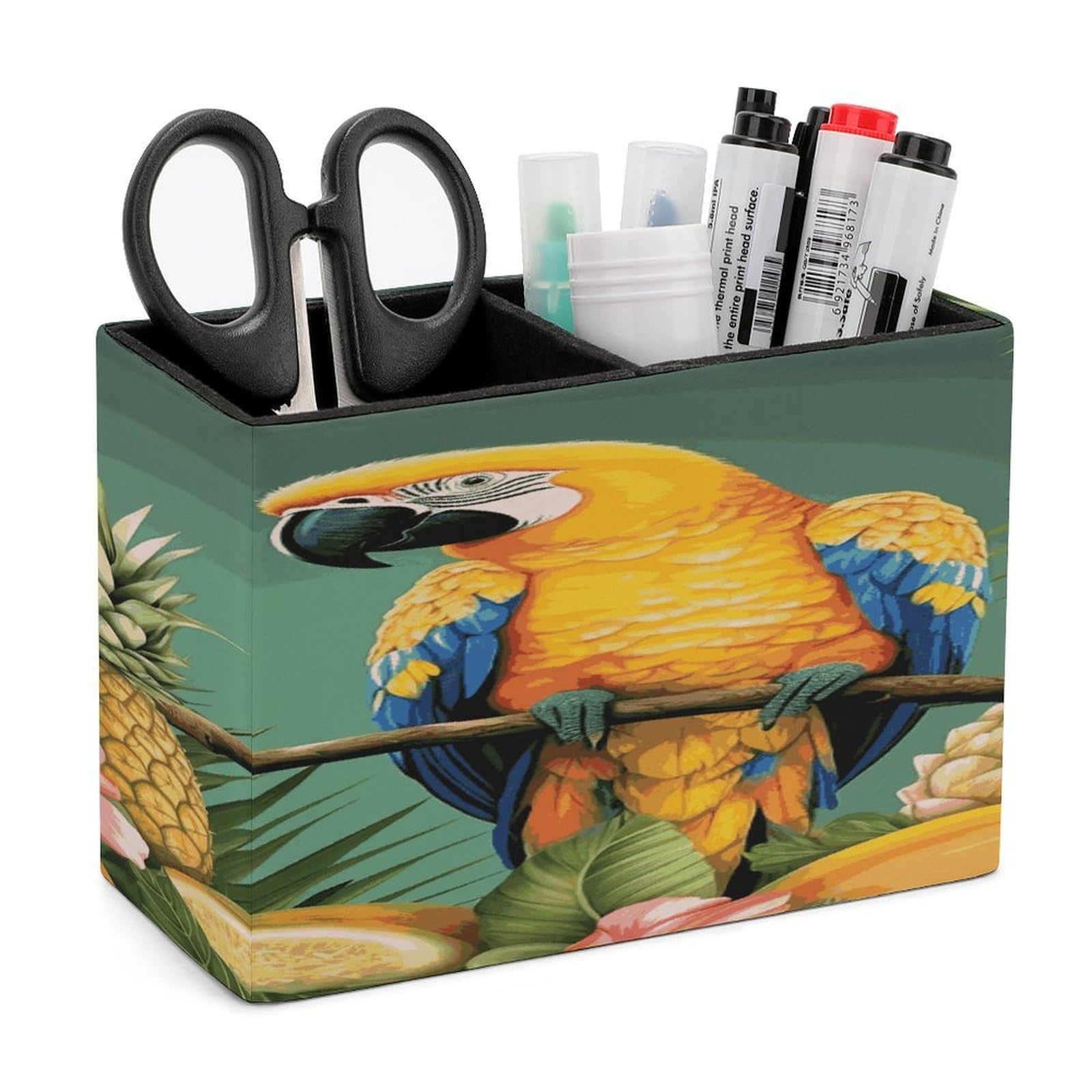 LDGSUPH Summer Parrot Pineapple Bird Leather Pen Holder for Desk Organizer Caddy Large Pencil Cup Multi-function Pencil Holder Makeup Brush Holders Pen Organizer for Home Office Storage Box