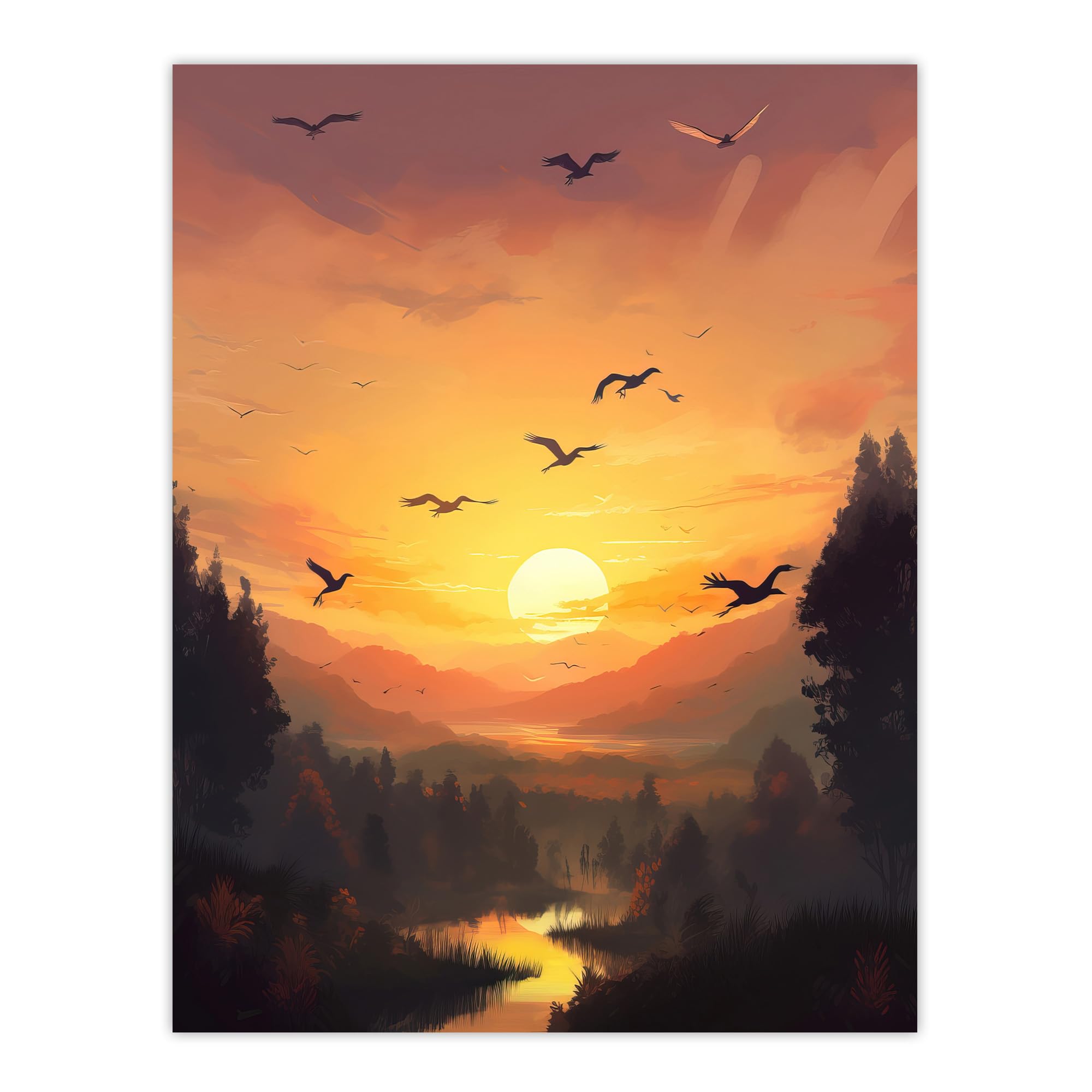 Artery8 Flock of Cranes Flying Against a Golden Sunset Sky Atmospheric Painting Birds Flying over Forest in a Tranquil Mountain River Landscape Extra Large XL Wall Art Poster Print