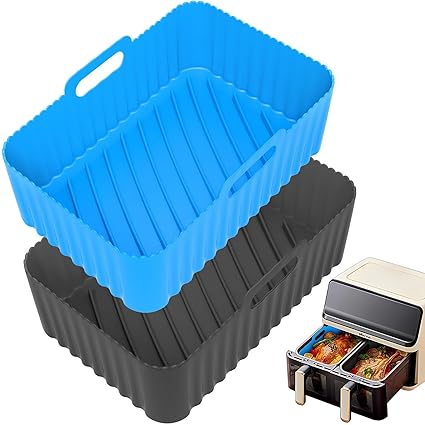 Silicone Air Fryer Liners Rectangle 2 Pack 8.0 Inch Airfryer Liners 8-10 QT Dual Air Fryer Liners Reusable Pot Oven Liner Baking Tray, Air Fryer Basket Silicone Mat Bowl Air Fryer Accessories Kitchen