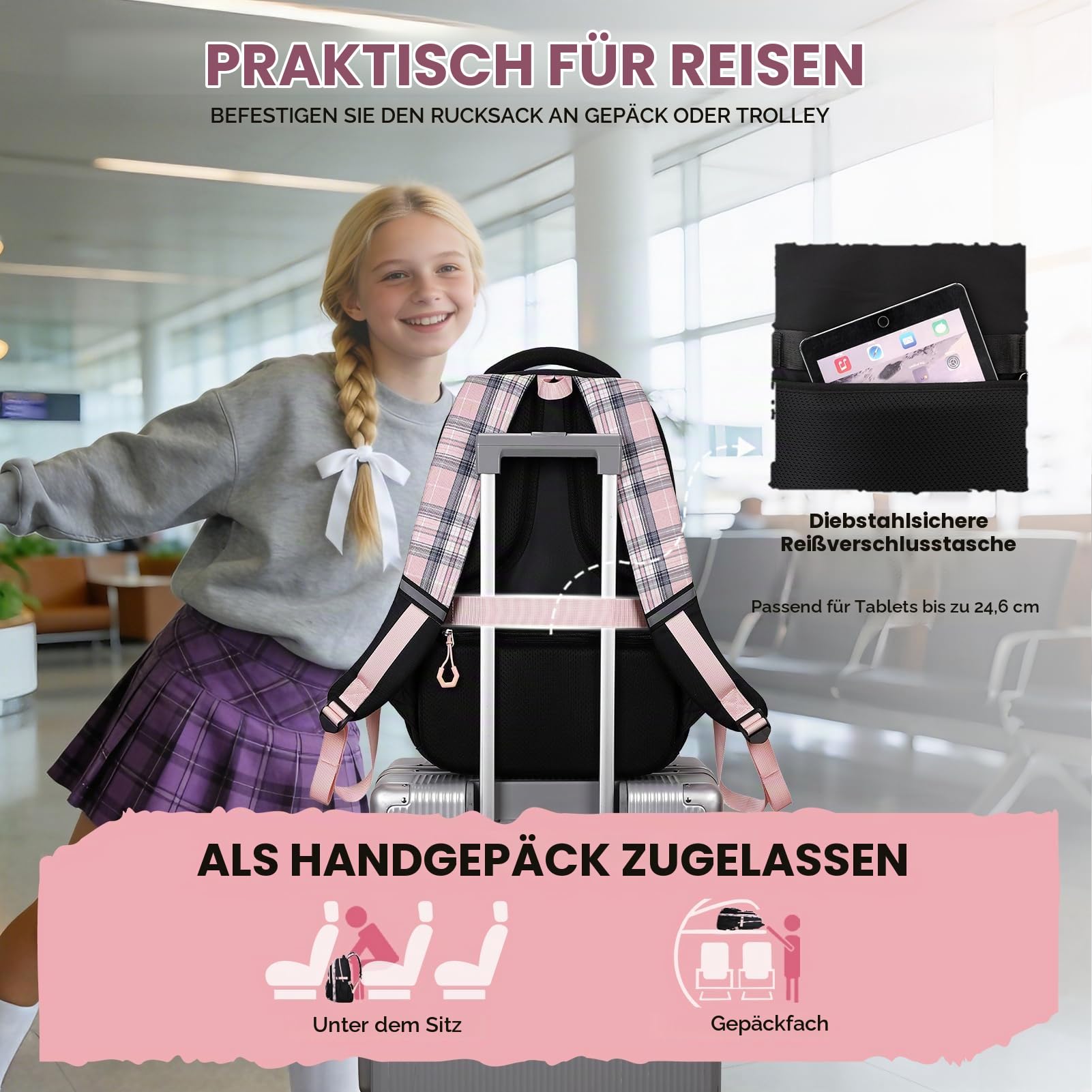 Amythe Schulrucksack Mädchen Rucksack Kinder Ergonomisch, Schwarz Rosa | Leichter Schultasche für Mädchen 8-12 Jahre, Lässiger Ranzen Teenager für die Schule Reisen, 22 Liter