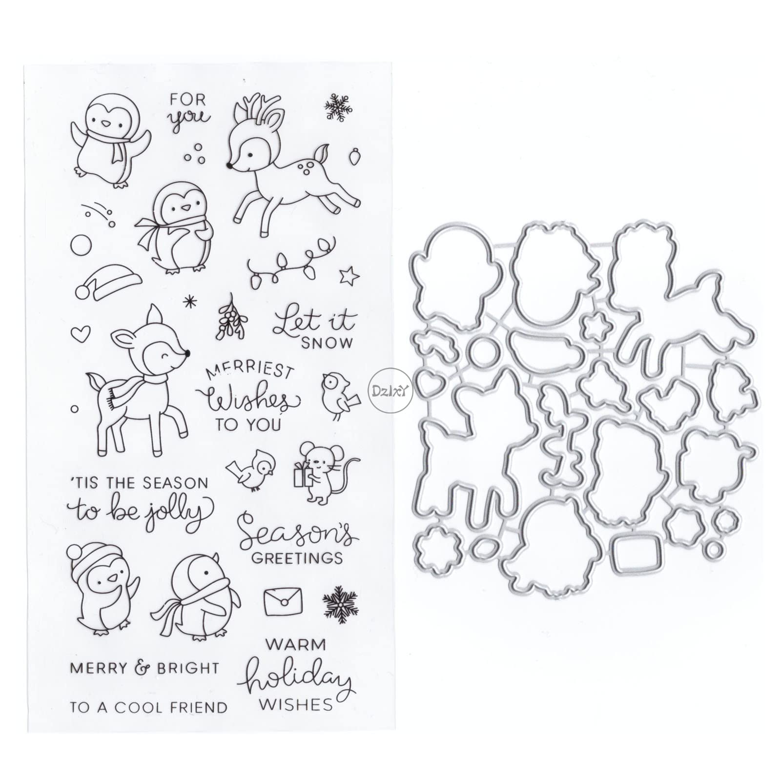 DzIxY Penguin Sika Deer Clear Stamps and Metal Cutting Dies Sets for Card Making Scrapbooking Paper Supplies Silicone Seals Storage Pockets
