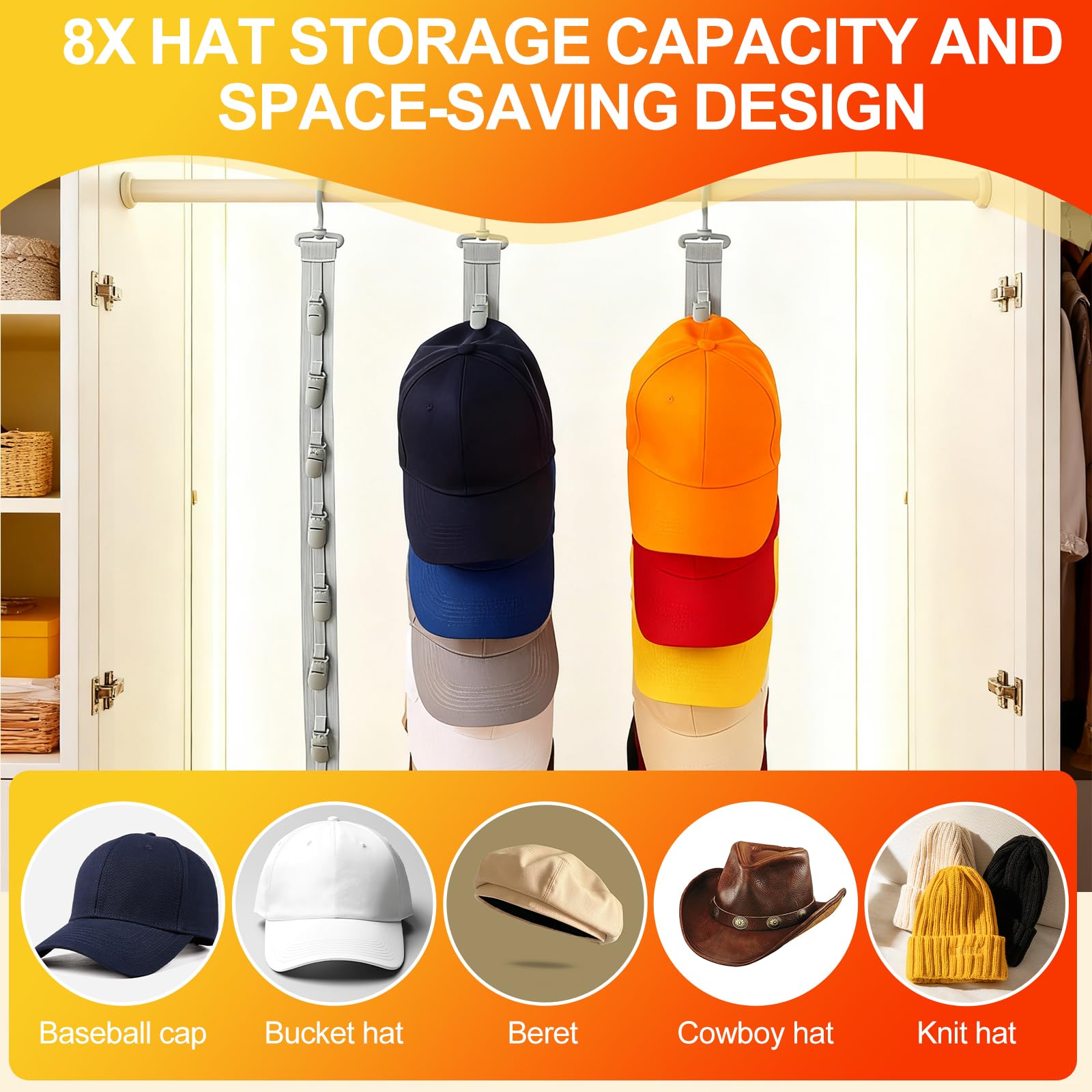 Porta Cappelli con 8 Clips,Appendi Cappelli da Parete,Gancio girevole a 360°Portacappelli Clip,cappelli Organizer Armadio da Appendere per Cappellini Baseball Cappelli Fedora Berretti(Grigio,1 Pezzo)