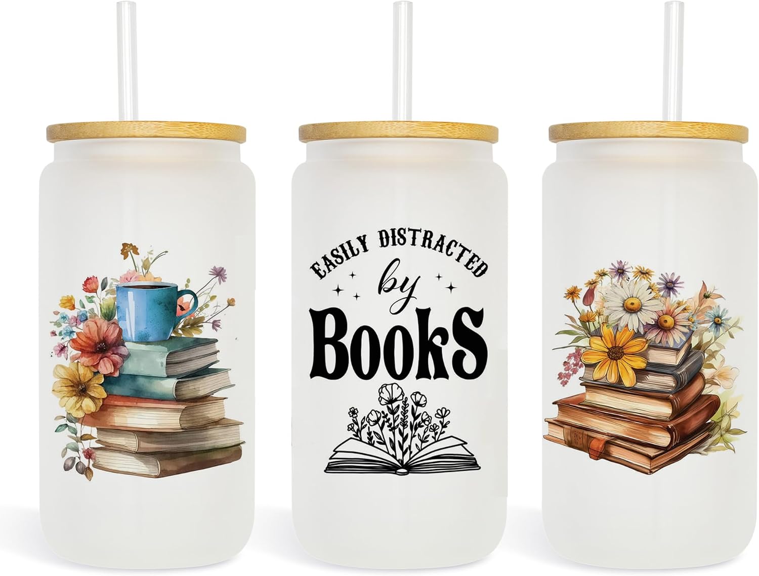 Debra Dale Designs "Easily Distracted by Books" 16 oz Frosted Glass Can Drinking Cup with Bamboo Lid and Straw (Easily Distracted, 16 Ounce)