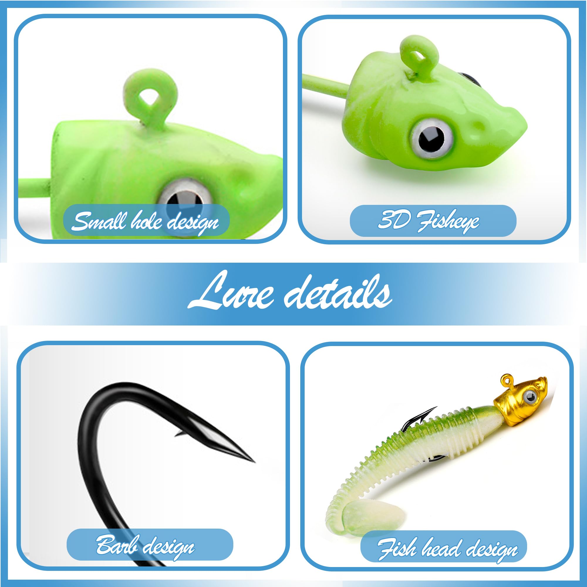 DHER Confezione da 10 esche da pesca con testa di piombo,Set di ami da pesca Ami Piombati da Pesca Teste Piombate Spinning,5g g testa di pesce testa di piombo, pesca Jig 3D Eye Fishing Hooks