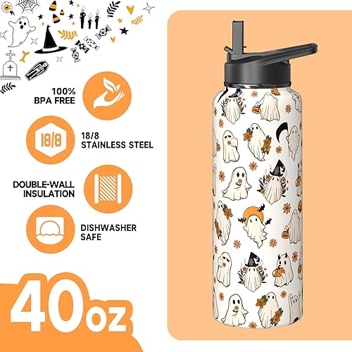 Miniatura 4 de Botellas de agua de fantasma de Halloween de 40 onzas con popote abatible y tapa de boquilla, bonita botella de agua de acero inoxidable