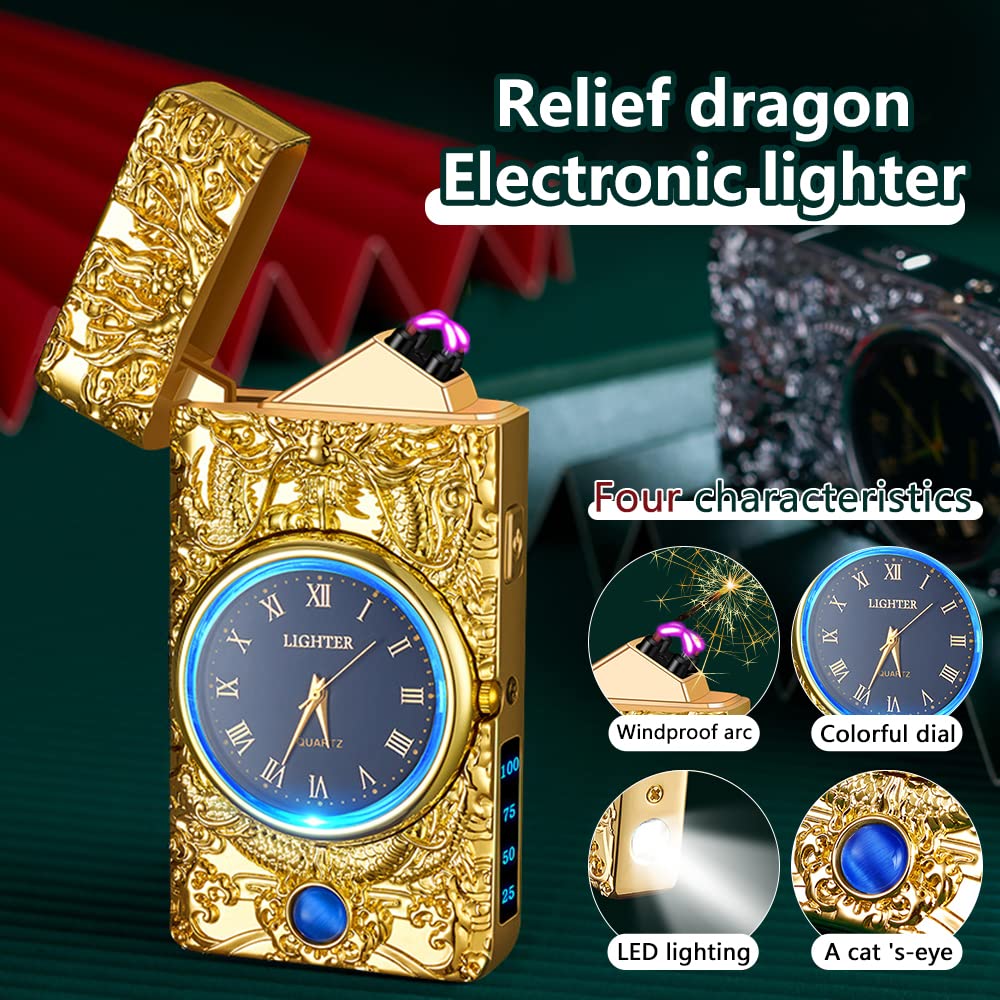 GADATOP Accendino elettrico a forma di drago, antivento, senza fiamma, ricaricabile tramite USB, con quadrante e illuminazione a LED (oro)