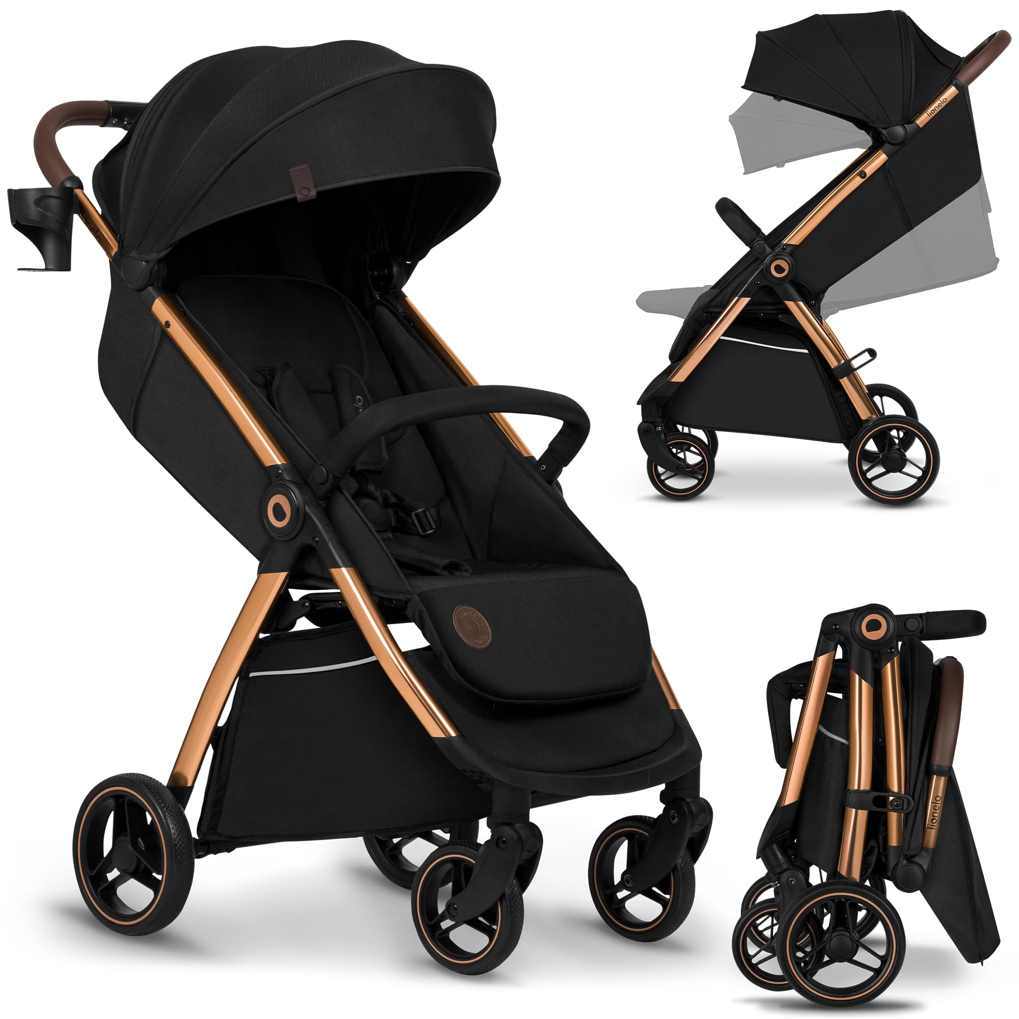 LIONELO INGRID Passeggino leggero per bambini da 6mesi a 4 anni/22kg Grandi ruote 360° in Schiuma EVA Assorbimento Pieghevole con una mano Schienale e poggiapiedi regolabili (INGRID, Nero)