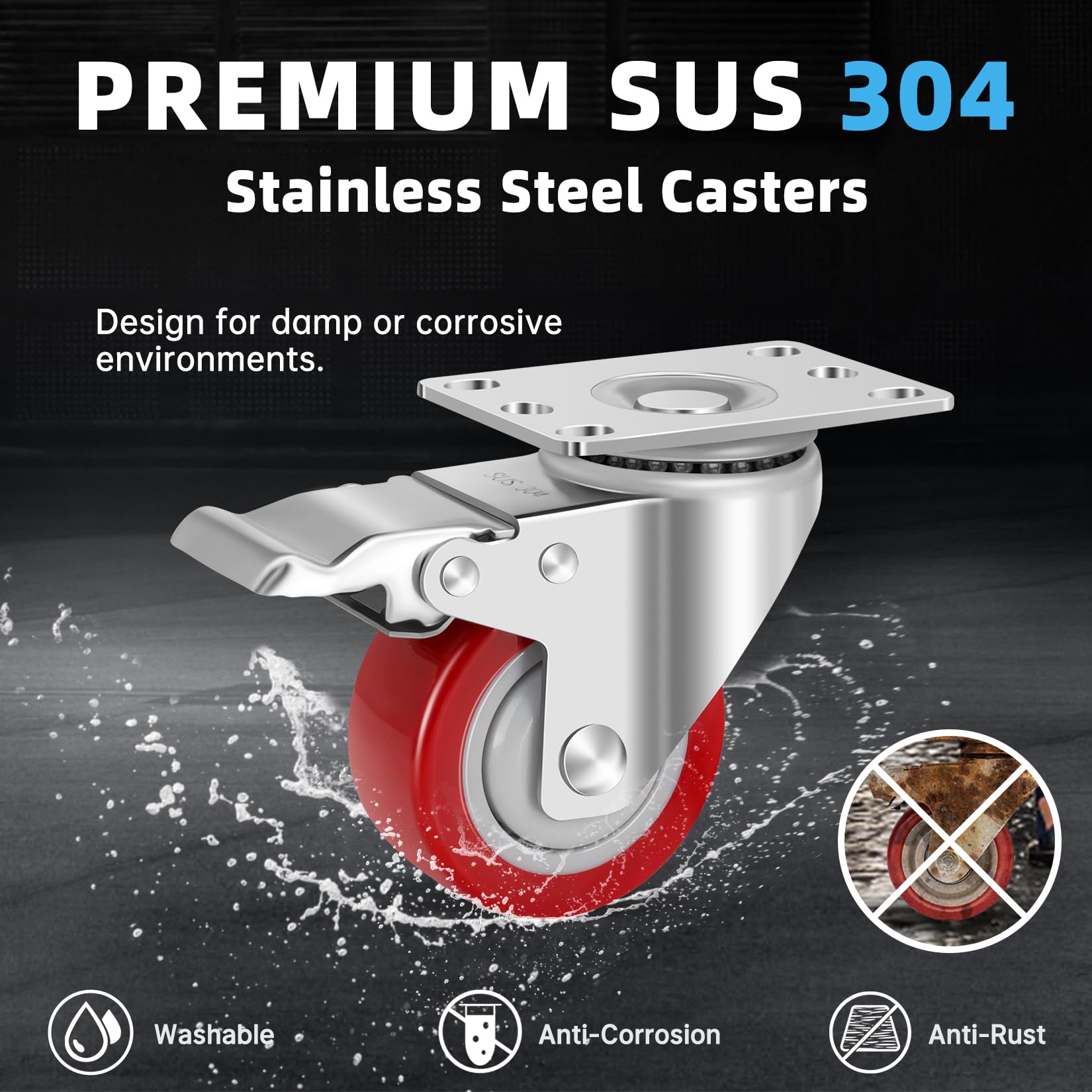 W B D WEIBIDA 75mm Ruote per Carrelli Carichi Pesanti in Acciaio Inox Capacità 540KG, 304 Anti-corrosione Industriale Ruote Giratorie con Freno, Rottelle Antiruggine per Mobili, Officine e Laboratori