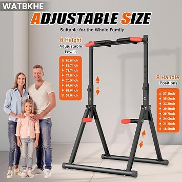 WATBKHE Power Tower Pull Up Dip Station Foldable, Pull Up Bar Station Adjustable, Multi-Function Home Gym, Strength Training Fitness Equipment