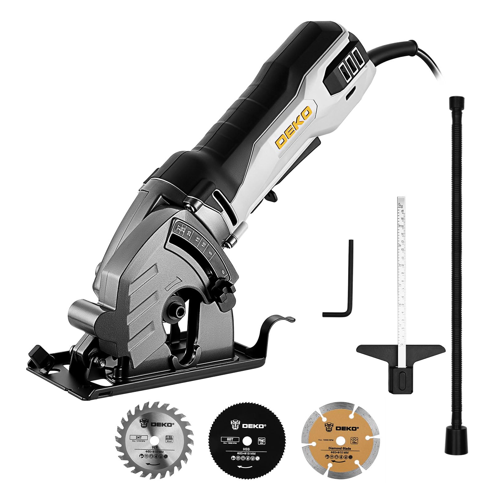 DEKOPRO Mini Circular Saw 600W, 5500 RPM, 85 mm Blade, Depth Adjustable to 27 mm, Dust Port with Hose - for Wood, Metal and Plastic