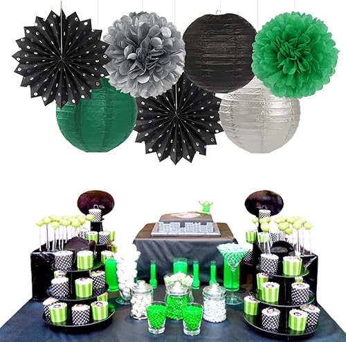Miniatura 5 de Decoraciones de Fiesta de Fútbol Negro Verde Plateado - 20 piezas Linternas de Papel de Graduación con Tema de Fútbol, Abanicos, Pompones de Papel