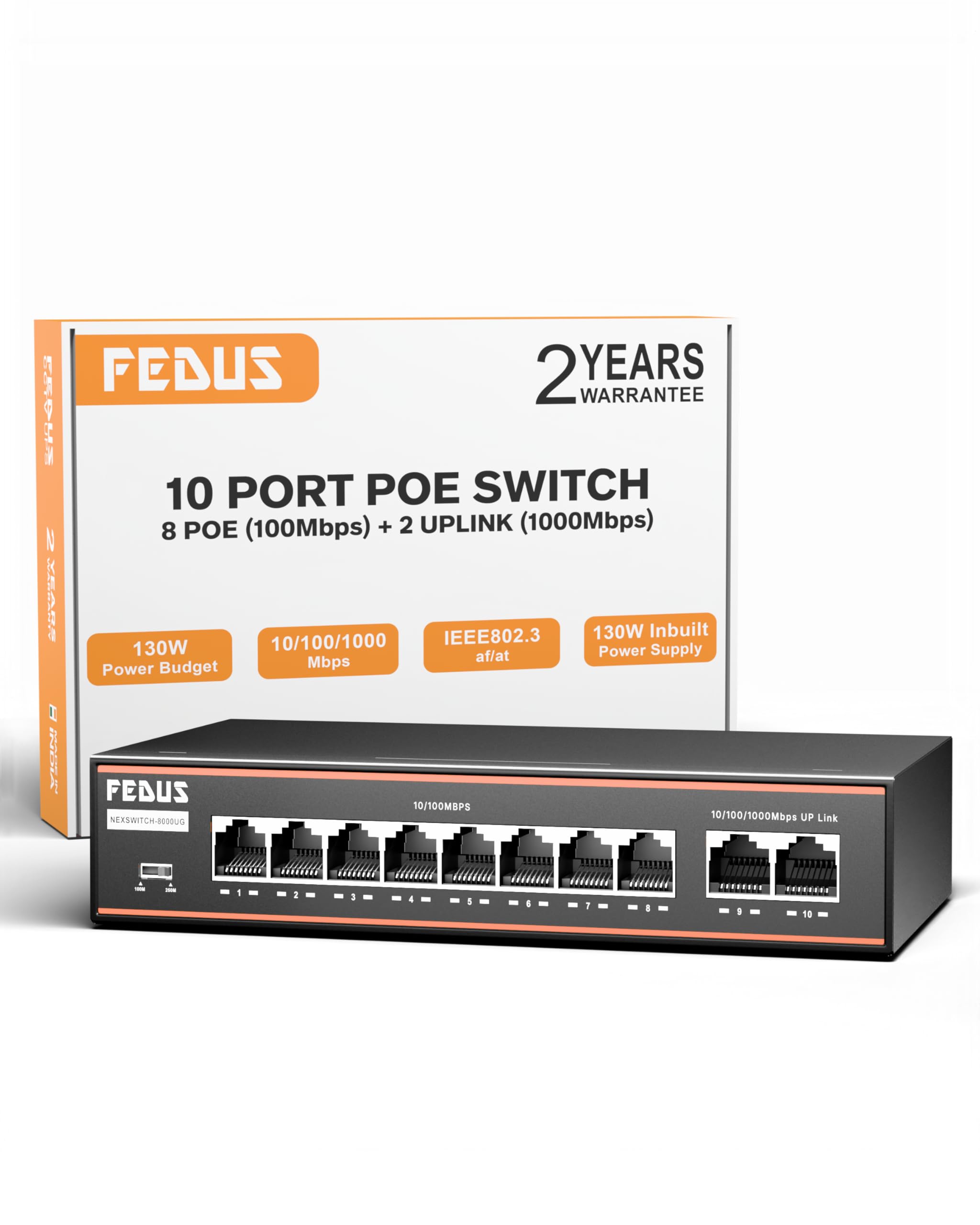 FEDUS NextSwitch-8000UG 10 Port PoE Switch (8 PoE+ 10/100Mbps, 2 1000Mbps Gigabit Uplink) 130W Built-in Power, 250m Extended Range, 6KV Surge Protection, 802.3af/at Plug & Play Unmanaged Ethernet Hub-image-11
