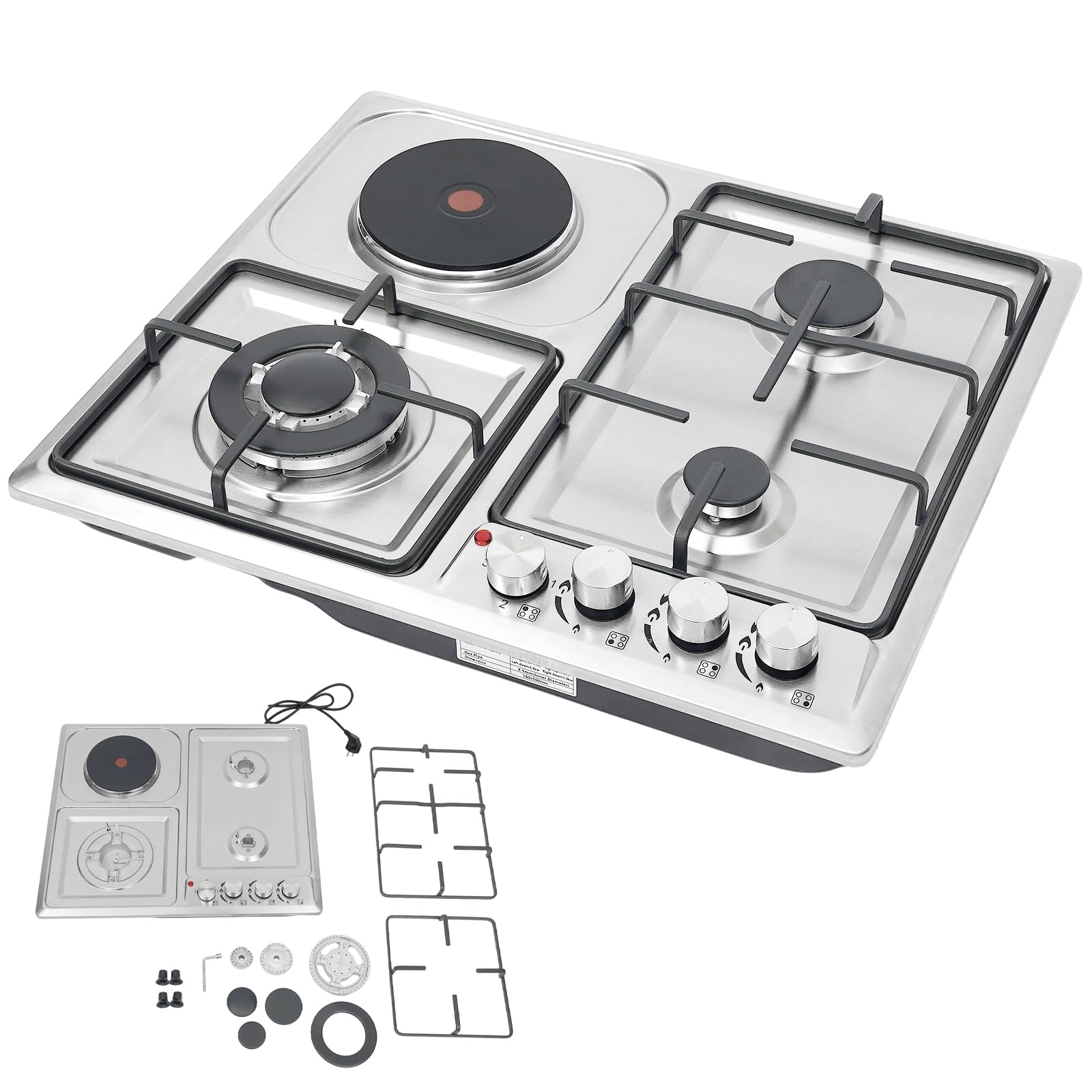 ROGONPDK Plaque de cuisson à gaz à 4 feux, 3 gaz + 1 plaque électrique, cuisinière à gaz avec protection contre les pannes de flamme, en acier inoxydable, encastrable, plaque de cuisson à gaz - 1