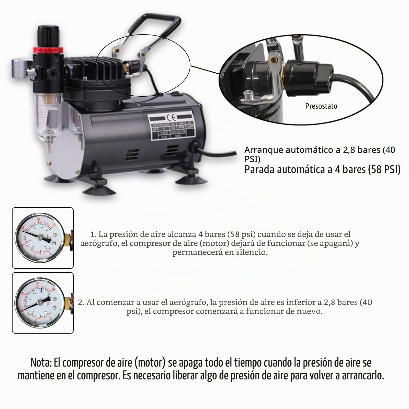 Juego de aerografo con compresor, Pistola aerógrafo de Doble acción con 3 aerógrafos de 0,2 mm, 0,3 mm, 0,8 mm y Aguja para Hobby