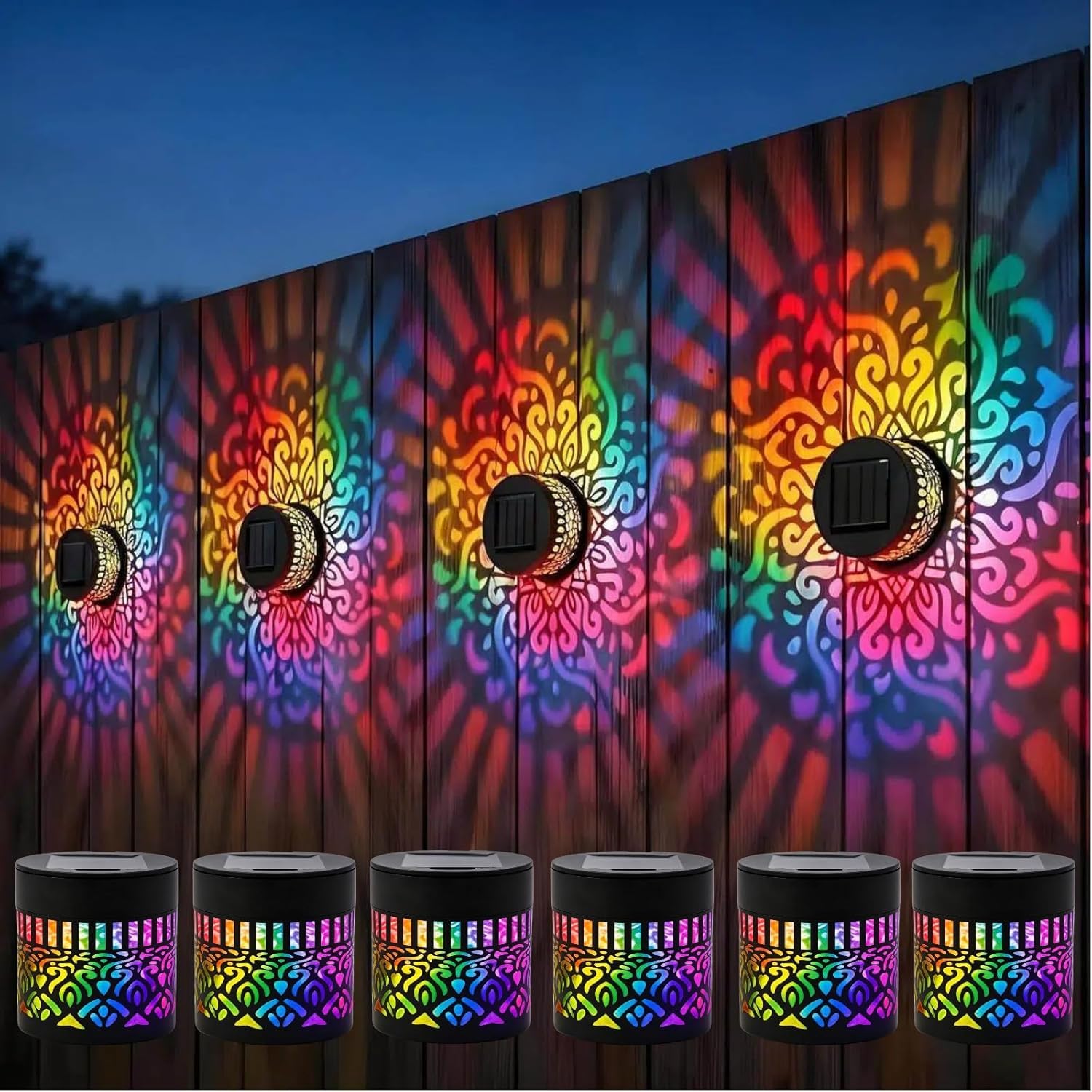 Solar Mandala Wall Light,7‑Color Changing Outdoor Decorative Projection Lamp,Outdoor Garden Fence Projector Lamp,Waterproof Metal Fence Light for Yard Garden Patio Backyard Post (6, 7 Color Changing)