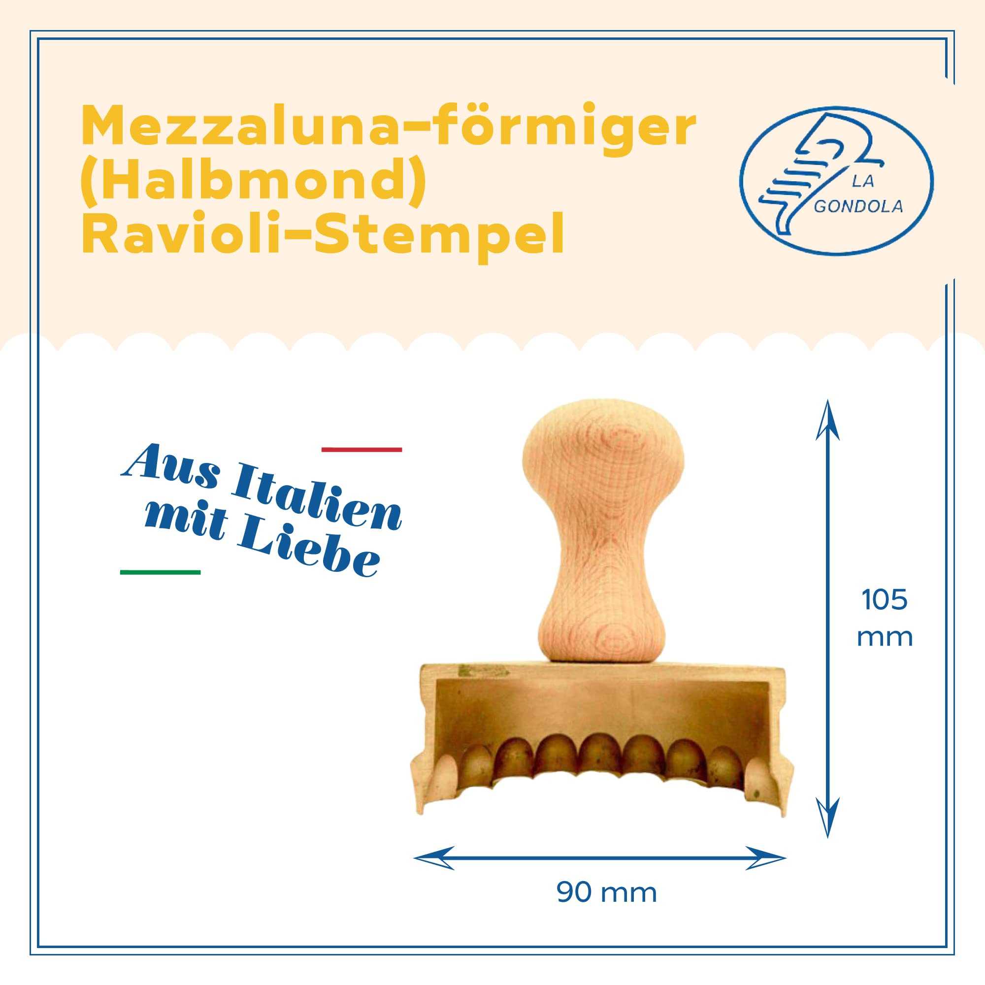 La Gondola Ravioli-Stempel - Halbmond-Form 90mm | Italienisches Pasta-Werkzeug für Zuhause, gewerbliche Küche | Messing & Naturholz | Einfach zu verwenden | Tortelli Ravioli Ausstecher Made in Italy