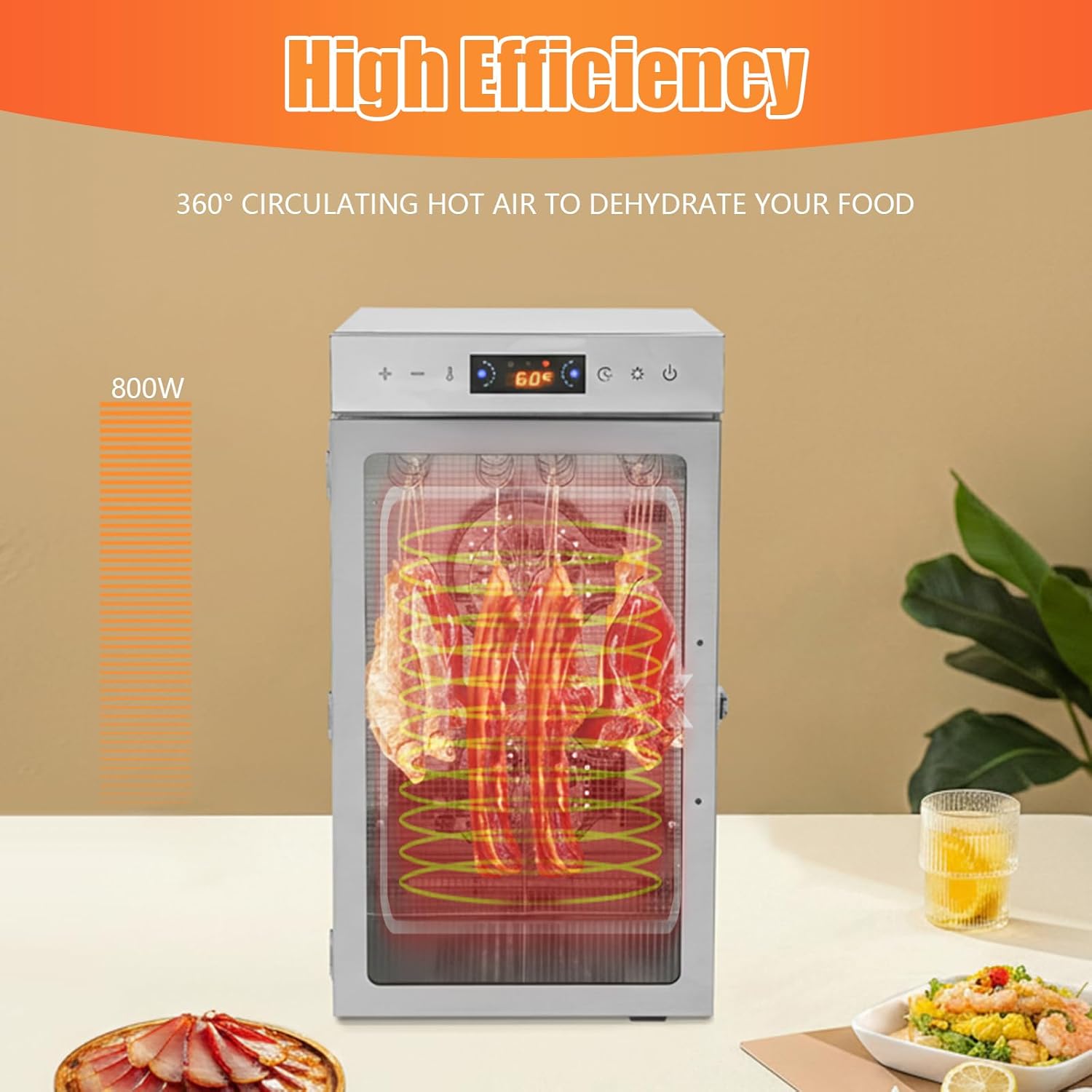 12 Hook Upgraded Commercial Dehydrator, 800W 110V Stainles Steel Small Meat Curing Chamber Box Large Capacity Maker Box Drying Cabinet w/86-176 °F Temperature &Time Control for Meat Vegetable