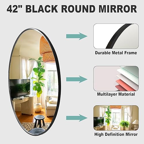 Miniatura 5 de Espejo redondo grande de 42 pulgadas, color negro, espejo de pared con marco de metal, moderno espejo de tocador circular de gran tamaño, espejos de