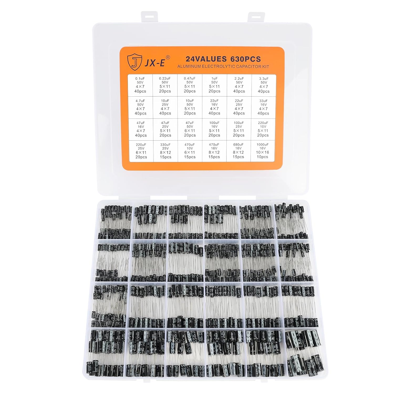 JX-E 24 Value Aluminum Electrolytic Capacitor Assortment Kit 630 pcs 0.1μF-1000μF Radial Electrolytic Capacitors for DIY Electronics, Repair & Projects