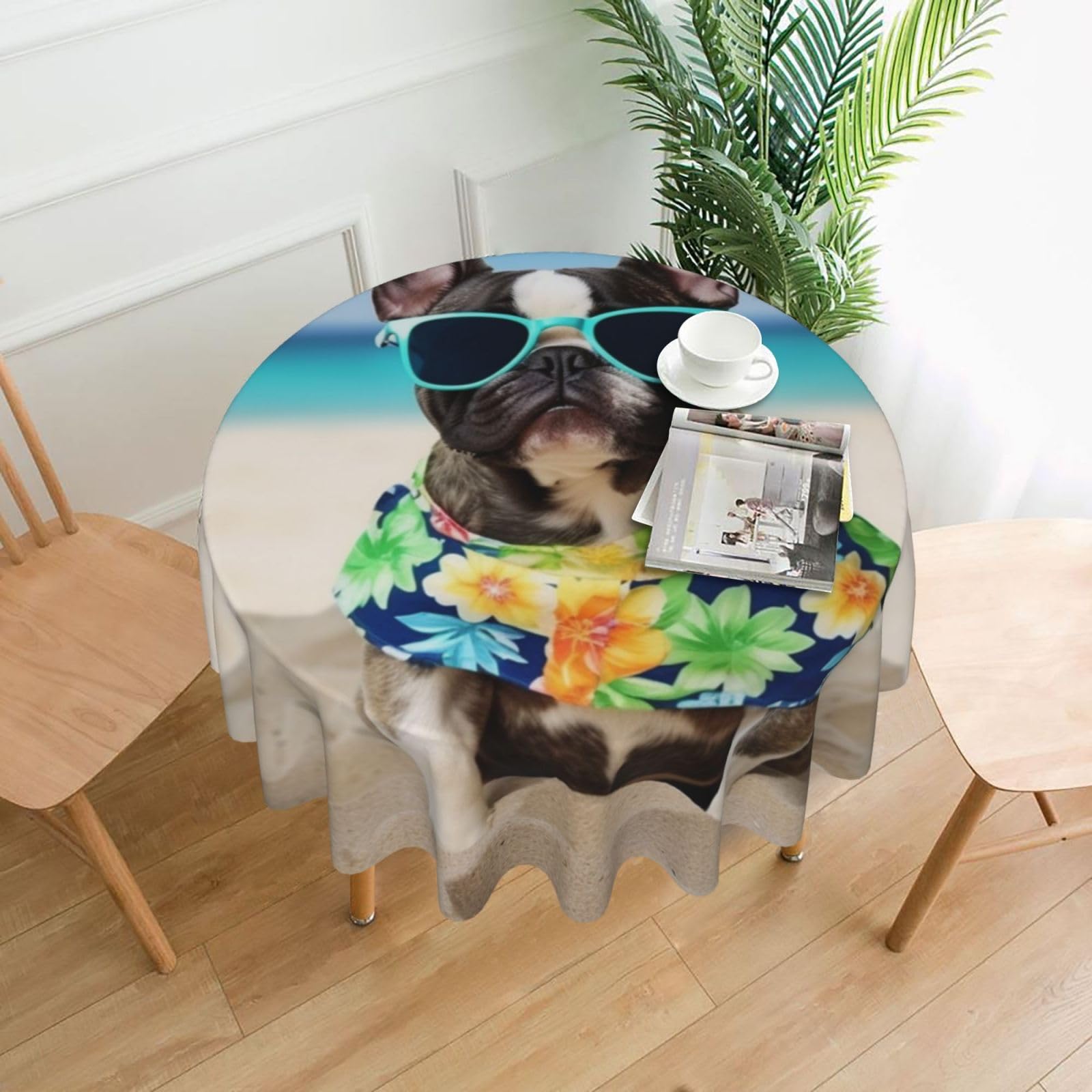 Fodpand Black French Bulldog Summer Tablecloths For Round Tables 60 Inches - Reusable And Washable Kitchen Table Clothes Decorative Table Cover For Dining Tables, Buffet Parties, Wrinkle Resistant