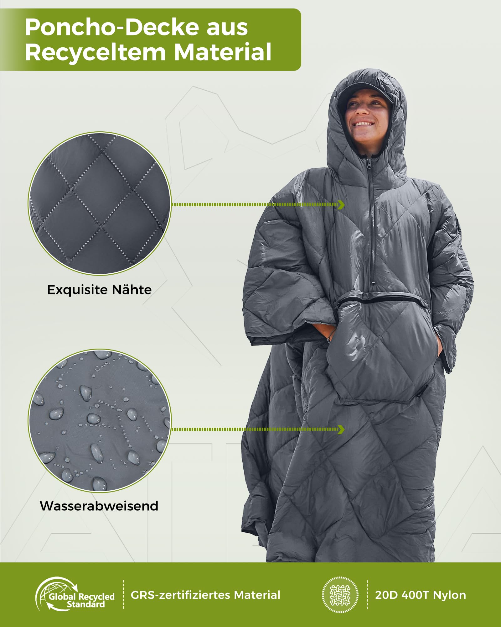 ATEPA 3-in-1 Camping Poncho Decke, Tragbarer Schlafsack, Ultraleicht