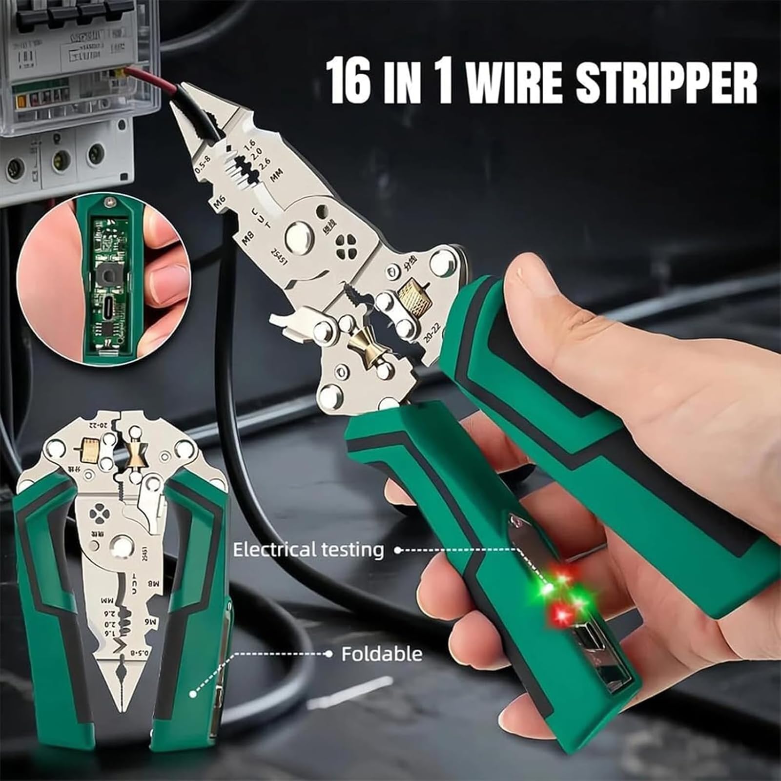 Spellafili Twister con LED e tester di tensione, taglierina spelafili crimpatrice per elettricisti e progetti fai da te