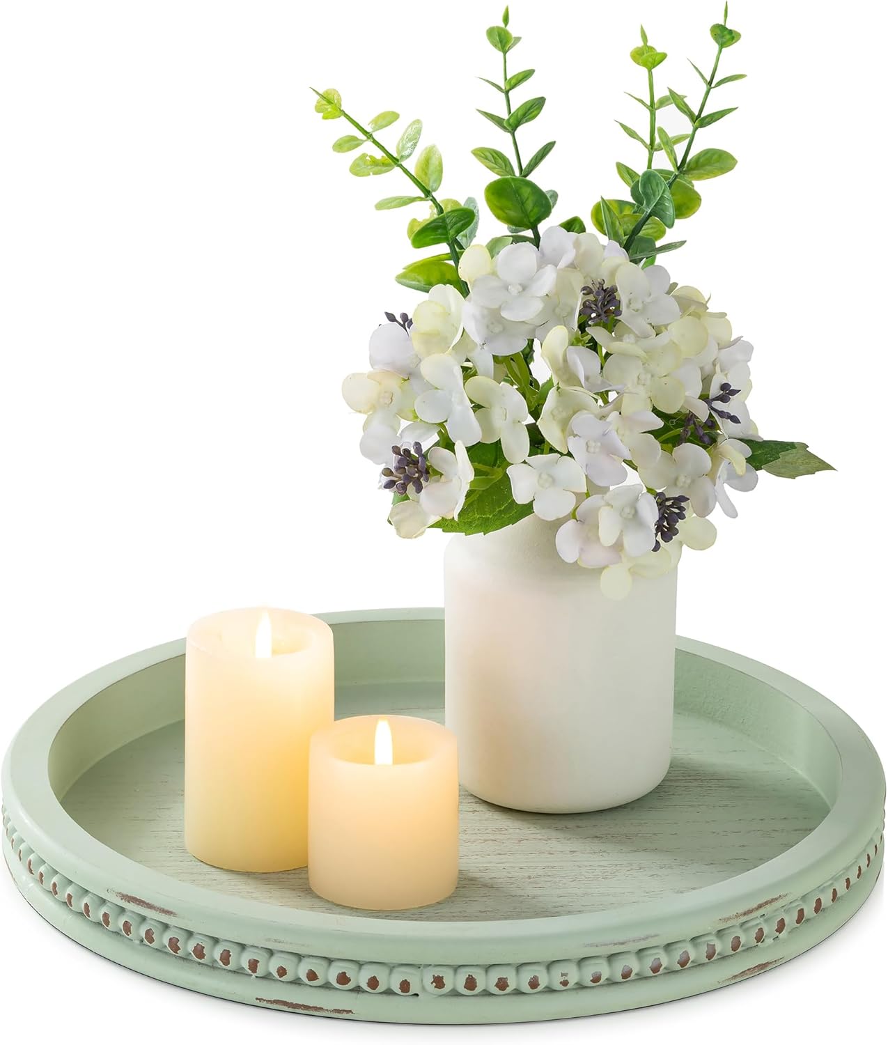 Hanobe Sage Green Tray Decor: Round Decorative Tray for Coffee Table Centerpiece - Wooden Candle Plate Holder for Rustic Farmhouse Home Living Room Kitchen Counter