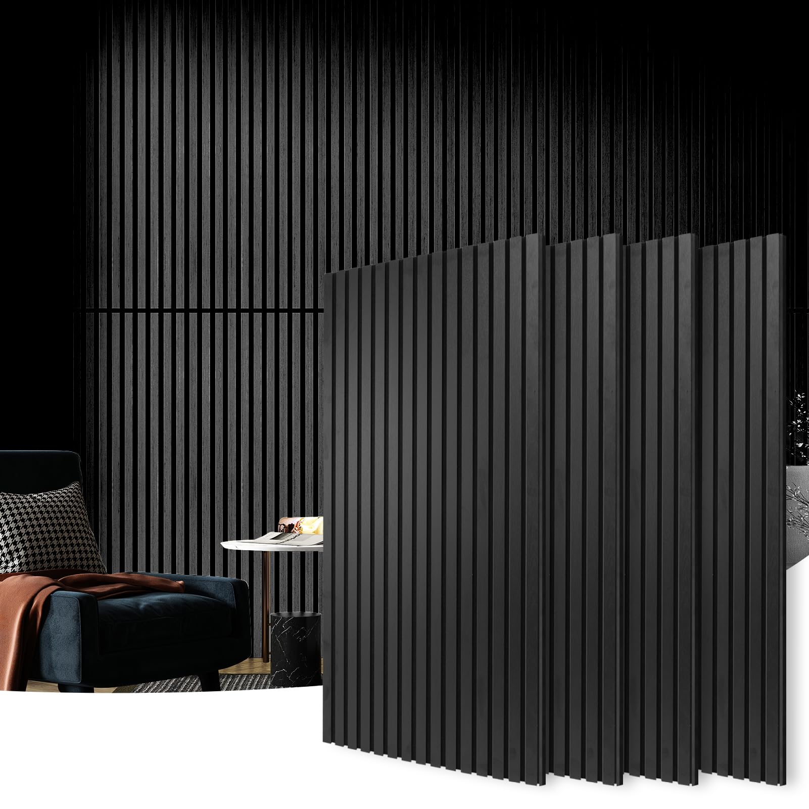 Art3d 4-Pack 3D Fluted Wood Sound Absorbing Slat Wall Panel, Matte Black