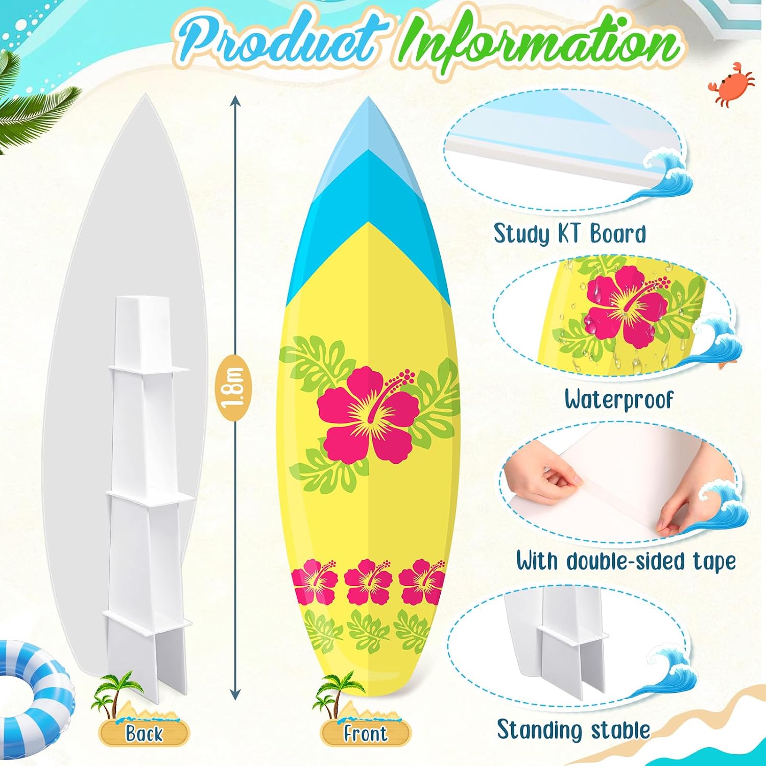 Yalikop 6 Ft Surfboard Cardboard Cutout Stand Up Photo Prop - Hawaiian Tropical Party Decorations Standee Surfboard Foam Board for Garden Yard Sign Decor Summer Beach Luau Photography Background