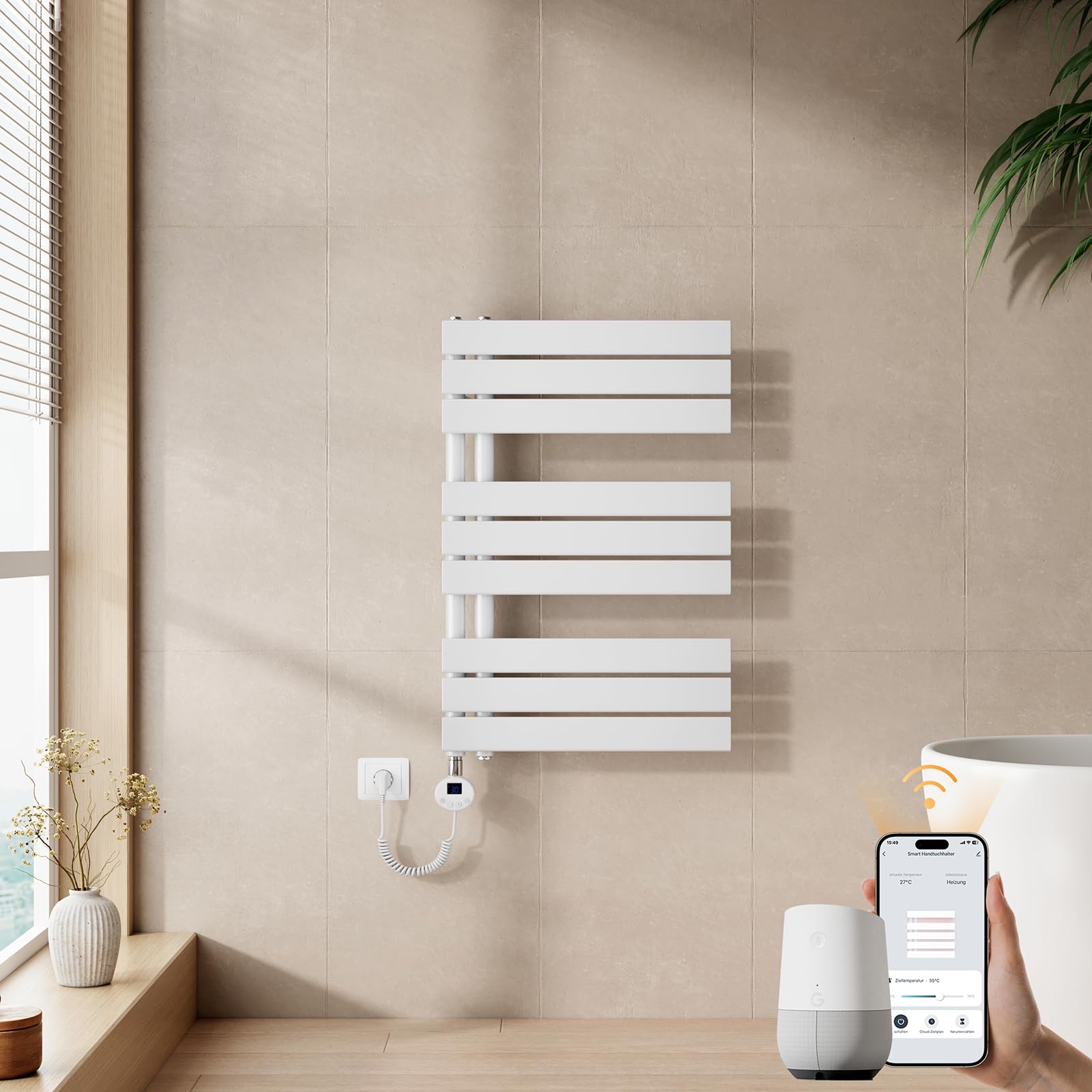 EMKE WiFi Handtuchheizkörper Elektrisch 762x500 mm 400W Weiß mit Thermostat
