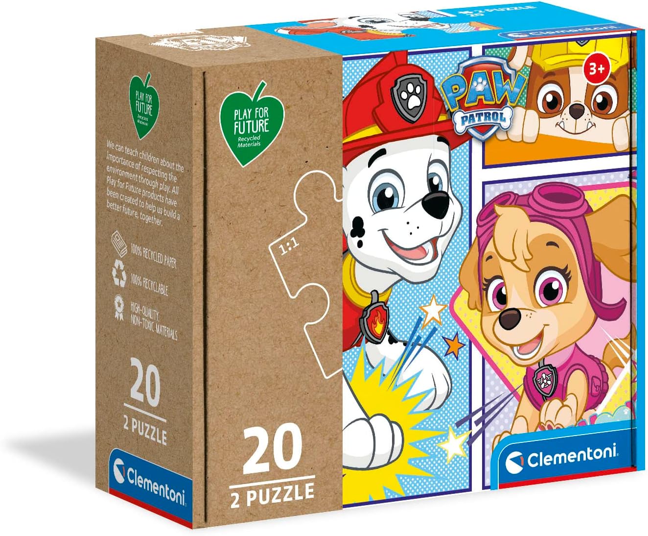 Clementoni - 24782 - Puzzle Play for Future - Paw Patrol - 2 x 20 Pieces - Jigsaw Puzzles for Kids Age 3-100% Recycled Materials - Made in Italy, Cartoon Puzzles